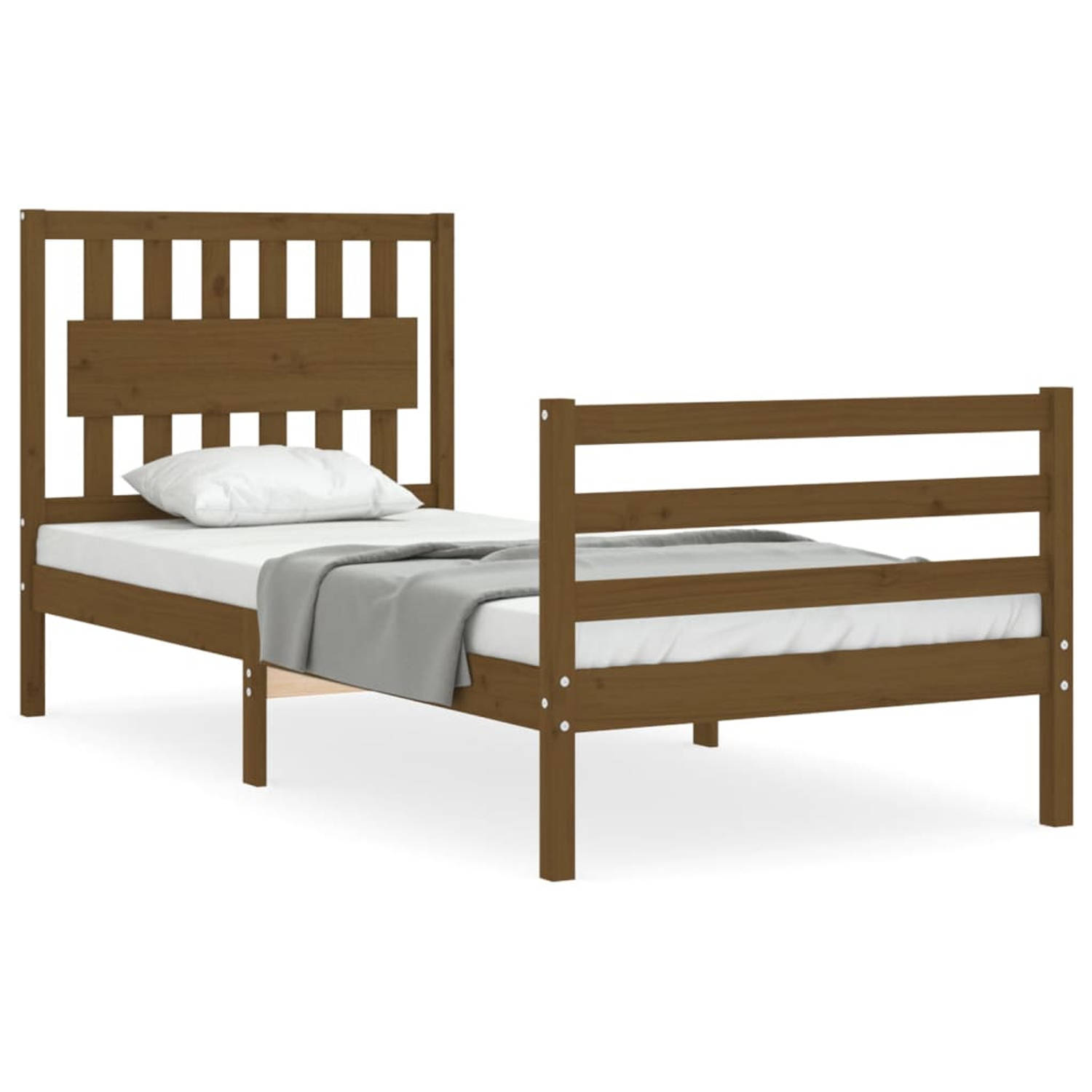 The Living Store Bedframe met hoofdbord massief hout honingbruin 90x200 cm - Bedframe - Bedframes - Bed - Eenpersoonsbed - Slaapkamermeubel - Houten Bedframe - Houten Bed - Bedbode