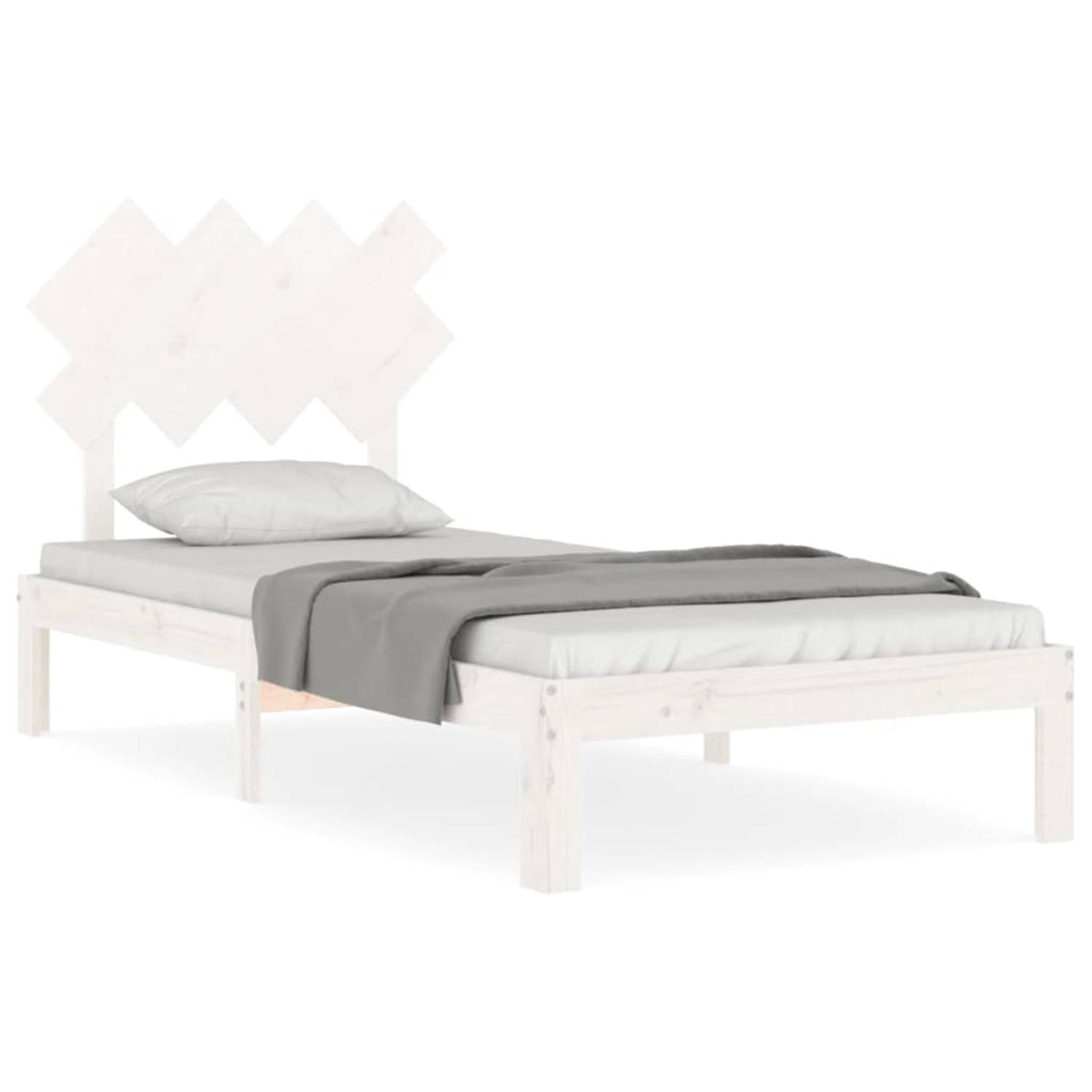 The Living Store Bedframe met hoofdbord massief hout wit 90x200 cm - Bedframe - Bedframes - Bed - Eenpersoonsbed - Slaapkamermeubel - Houten Bedframe - Houten Bed - Bedbodem - Mass