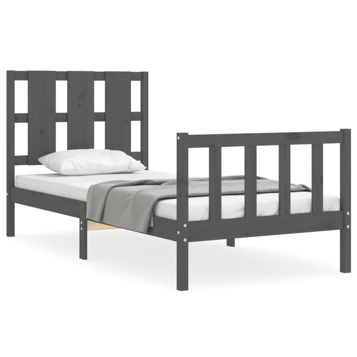 The Living Store Bedframe met hoofdbord massief hout grijs 90x200 cm - Bedframe - Bedframes - Bed - Eenpersoonsbed - Slaapkamermeubel - Houten Bedframe - Houten Bed - Bedbodem - Ma