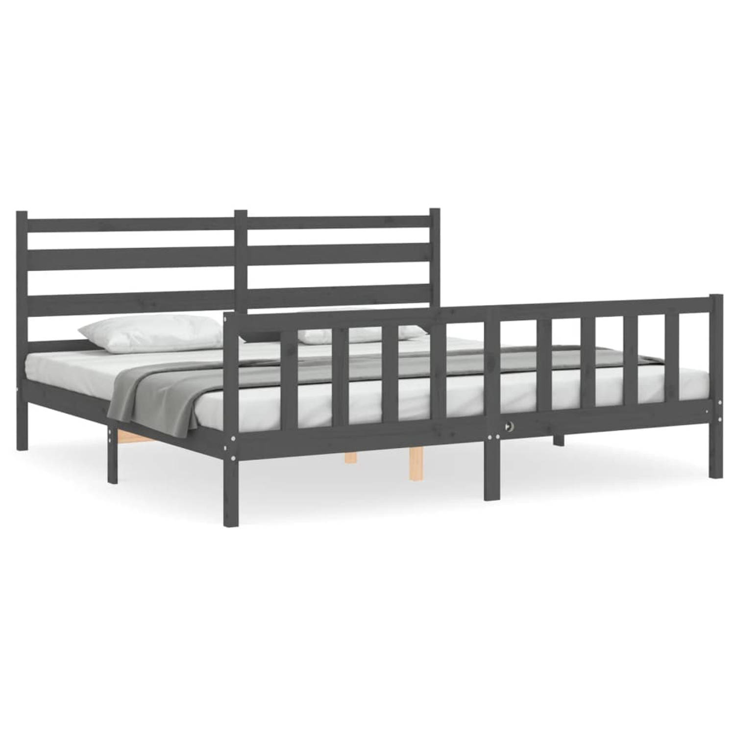 The Living Store Bedframe met hoofdbord massief hout grijs 180x200 cm - Bedframe - Bedframes - Bed - Tweepersoonsbed - Slaapkamermeubel - Houten Bedframe - Houten Bed - Bedbodem -