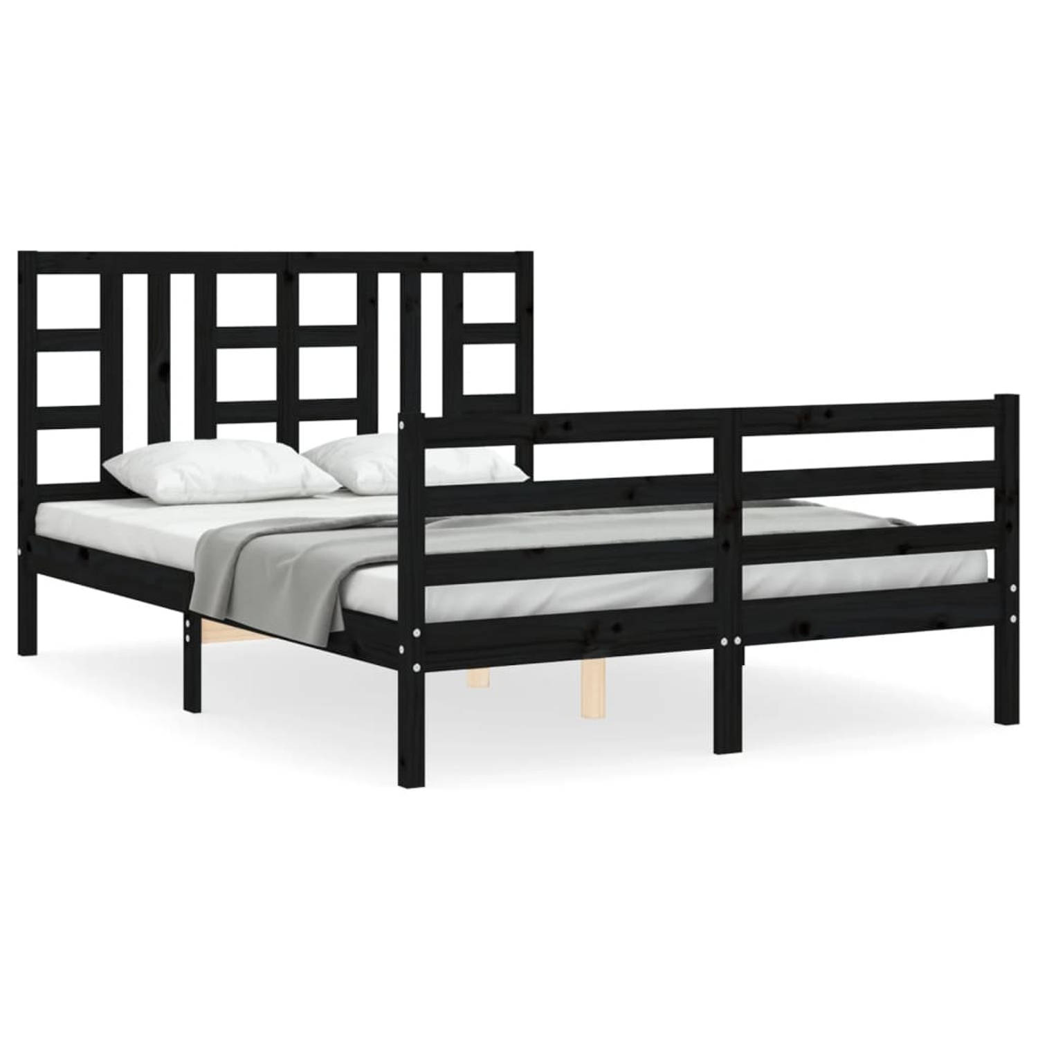 The Living Store Bedframe met hoofdbord massief hout zwart 140x190 cm - Bedframe - Bedframes - Bed - Tweepersoonsbed - Slaapkamermeubel - Houten Bedframe - Houten Bed - Bedbodem -