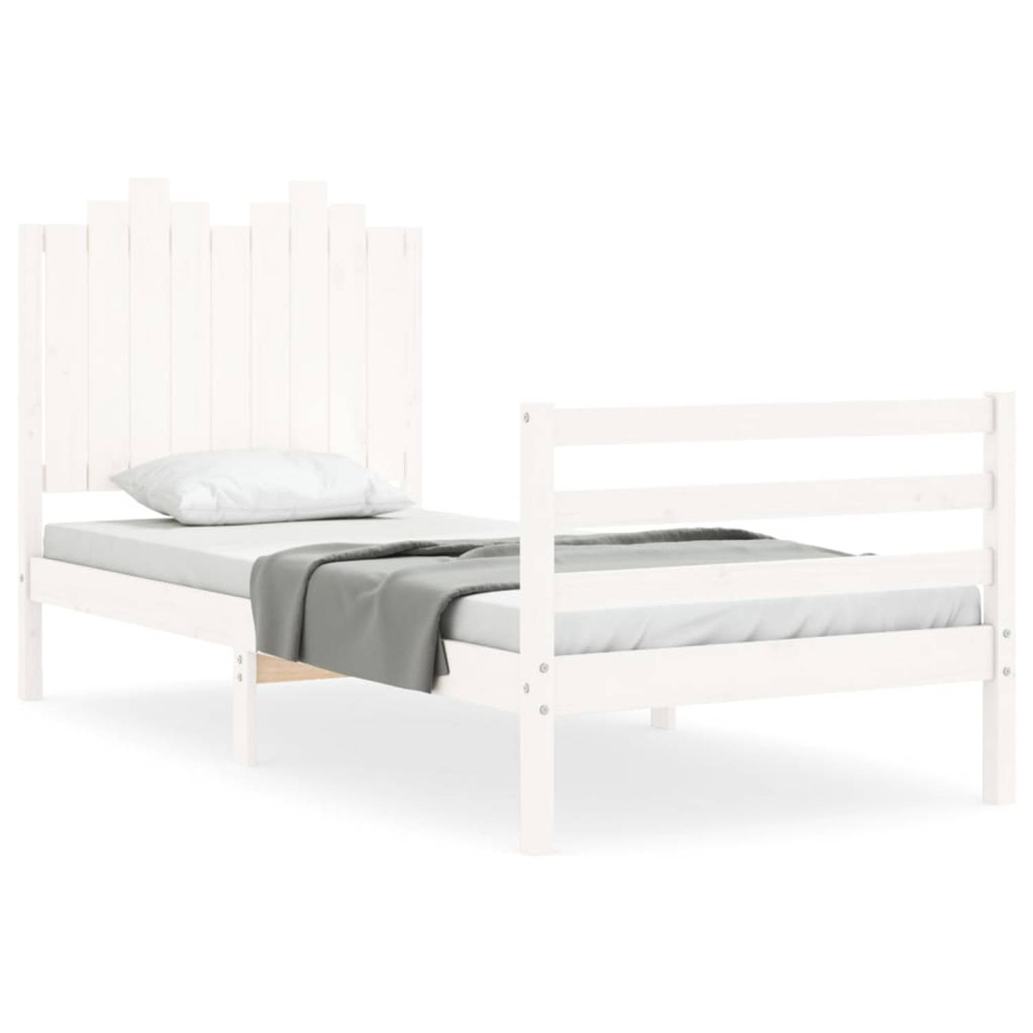 The Living Store Bedframe met hoofdbord massief hout wit 90x200 cm - Bedframe - Bedframes - Bed - Eenpersoonsbed - Slaapkamermeubel - Houten Bedframe - Houten Bed - Bedbodem - Mass