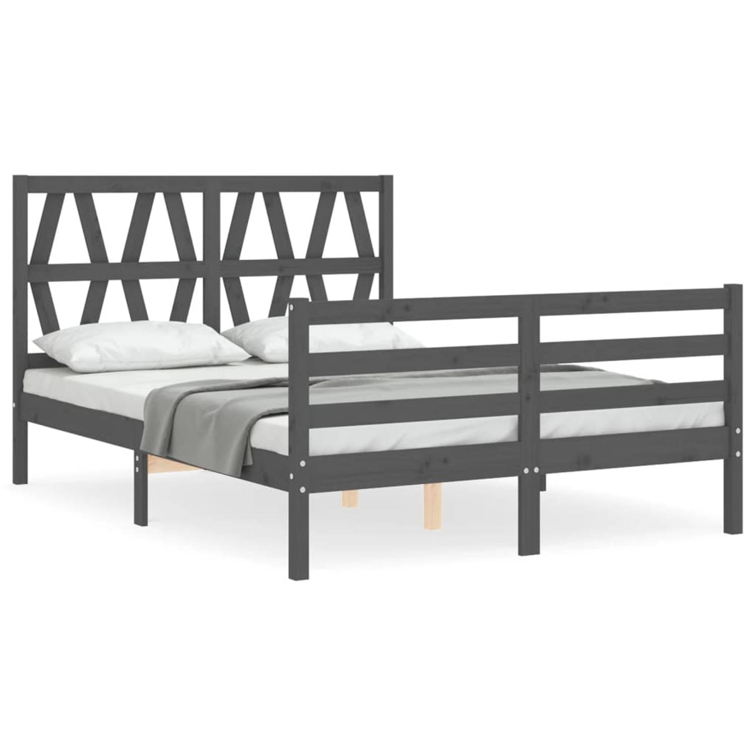 The Living Store Bedframe met hoofdbord massief hout grijs 140x190 cm - Bedframe - Bedframes - Bed - Tweepersoonsbed - Slaapkamermeubel - Houten Bedframe - Houten Bed - Bedbodem -