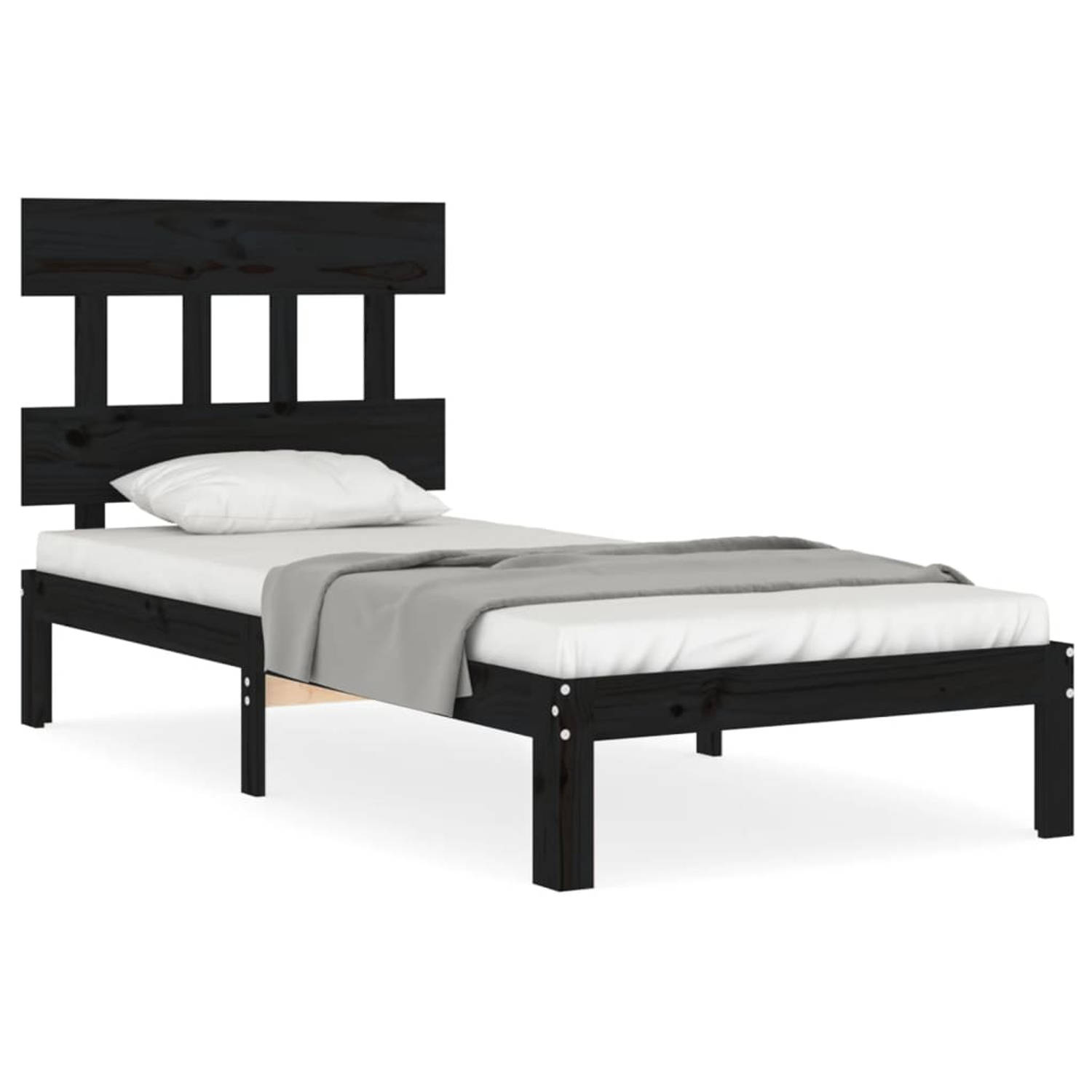 The Living Store Bedframe met hoofdbord massief hout zwart 90x200 cm - Bedframe - Bedframes - Bed - Eenpersoonsbed - Slaapkamermeubel - Houten Bedframe - Houten Bed - Bedbodem - Ma