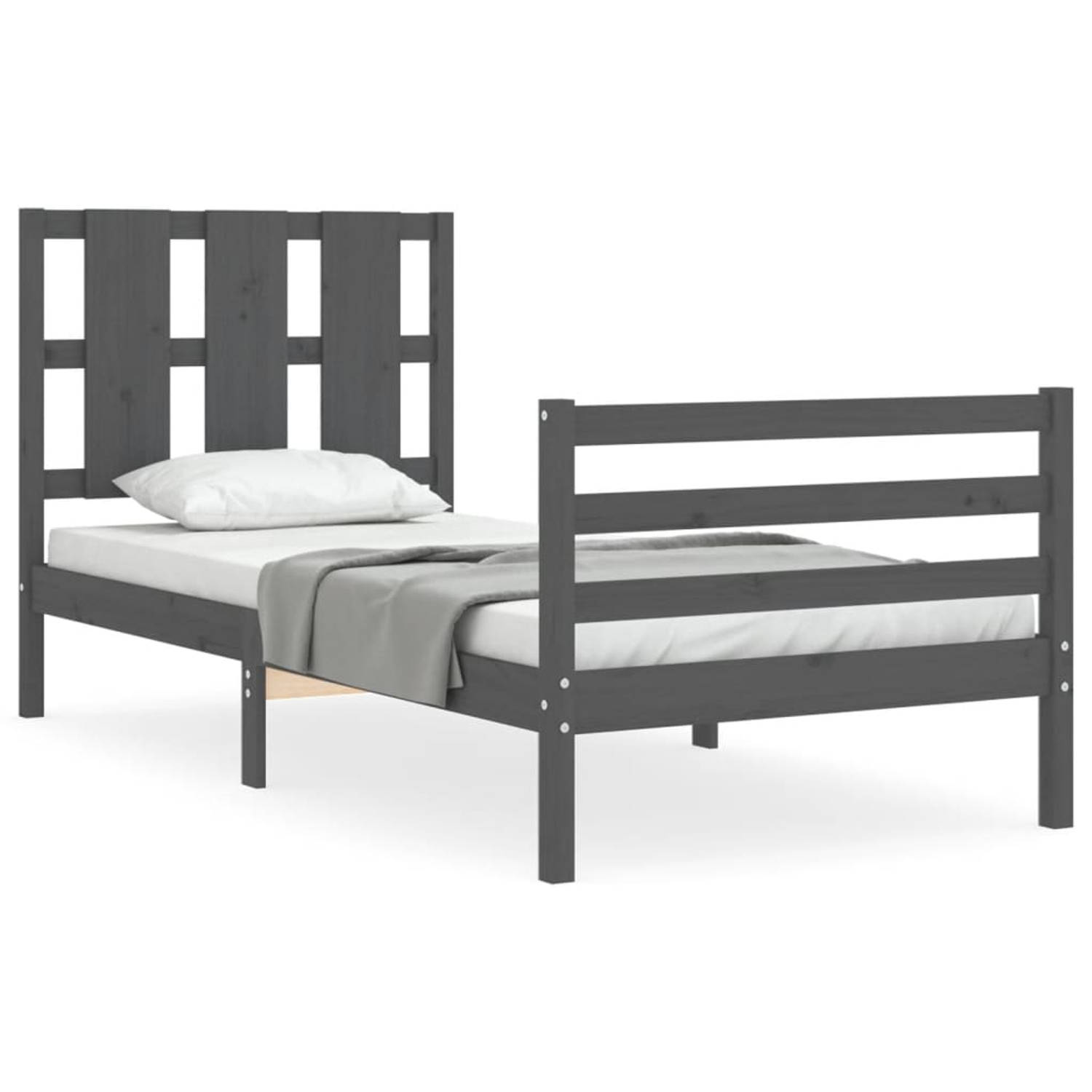 The Living Store Bedframe met hoofdbord massief hout grijs 90x200 cm - Bedframe - Bedframes - Bed - Eenpersoonsbed - Slaapkamermeubel - Houten Bedframe - Houten Bed - Bedbodem - Ma