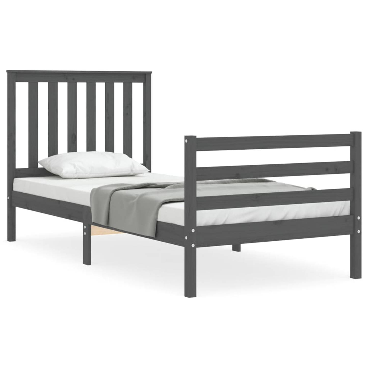 The Living Store Bedframe met hoofdbord massief hout grijs 90x200 cm - Bedframe - Bedframes - Bed - Eenpersoonsbed - Slaapkamermeubel - Houten Bedframe - Houten Bed - Bedbodem - Ma