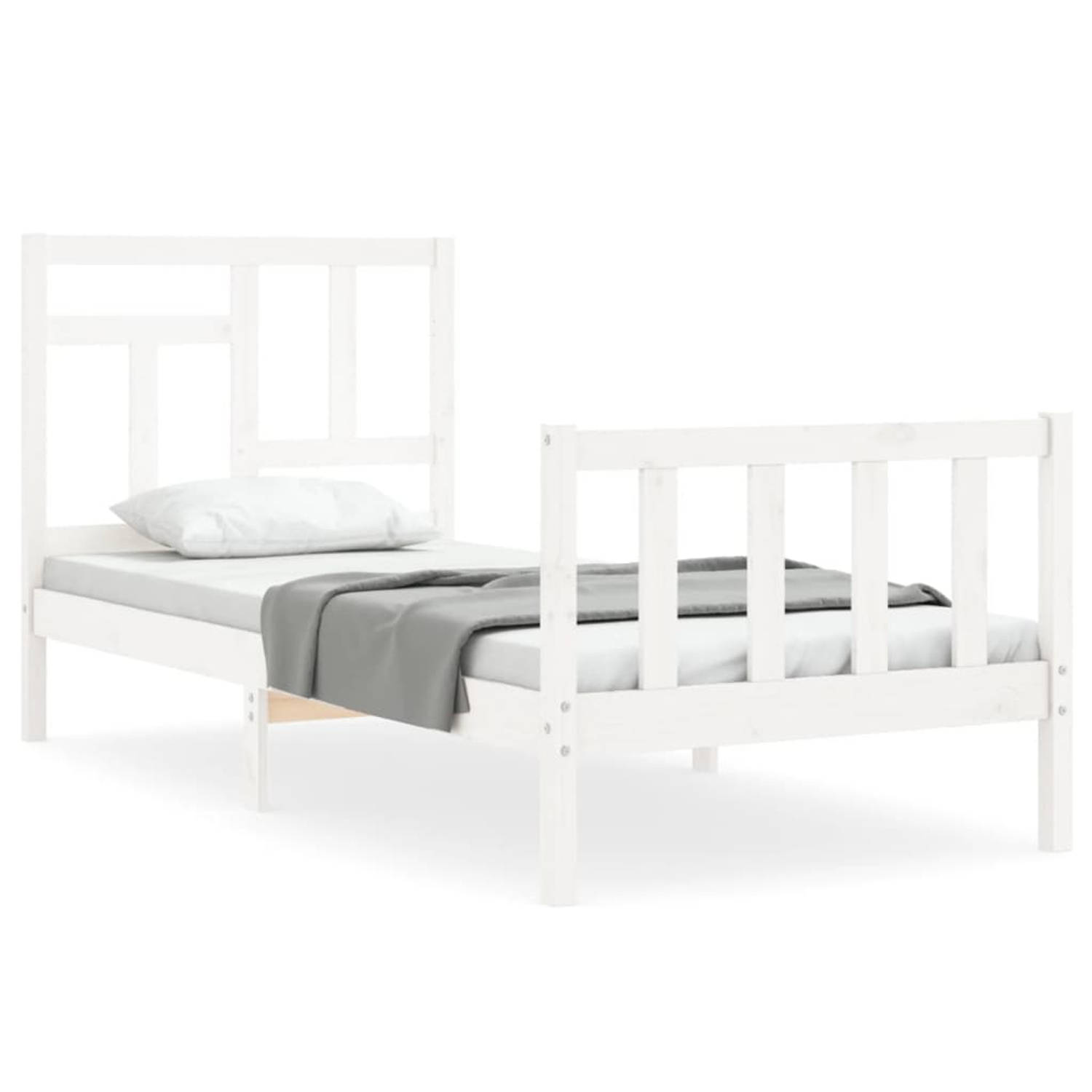 The Living Store Bedframe met hoofdbord massief hout wit 90x200 cm - Bedframe - Bedframes - Bed - Eenpersoonsbed - Slaapkamermeubel - Houten Bedframe - Houten Bed - Bedbodem - Mass