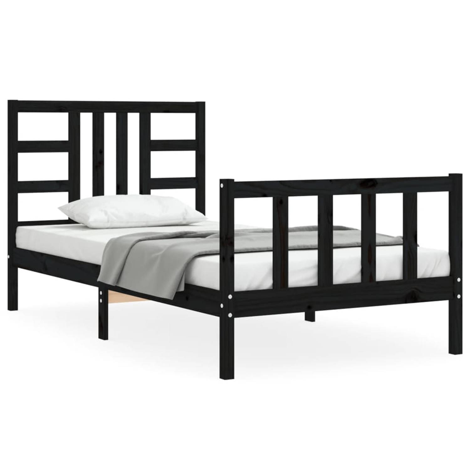 The Living Store Bedframe met hoofdeinde massief hout zwart 90x190 cm - Bedframe - Bedframes - Bed - Eenpersoonsbed - Slaapkamermeubel - Houten Bedframe - Houten Bed - Bedbodem - M