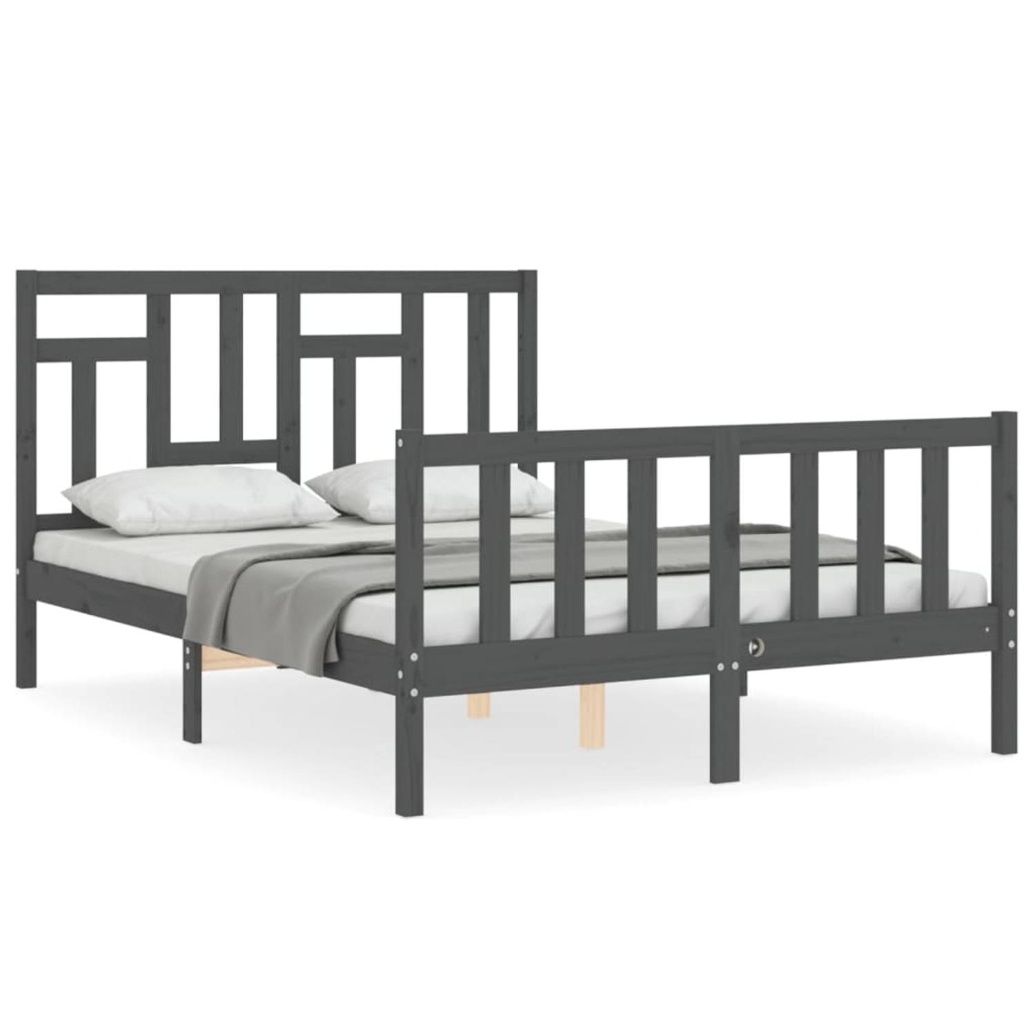 The Living Store Bedframe met hoofdbord massief hout grijs 140x190 cm - Bedframe - Bedframes - Bed - Tweepersoonsbed - Slaapkamermeubel - Houten Bedframe - Houten Bed - Bedbodem -