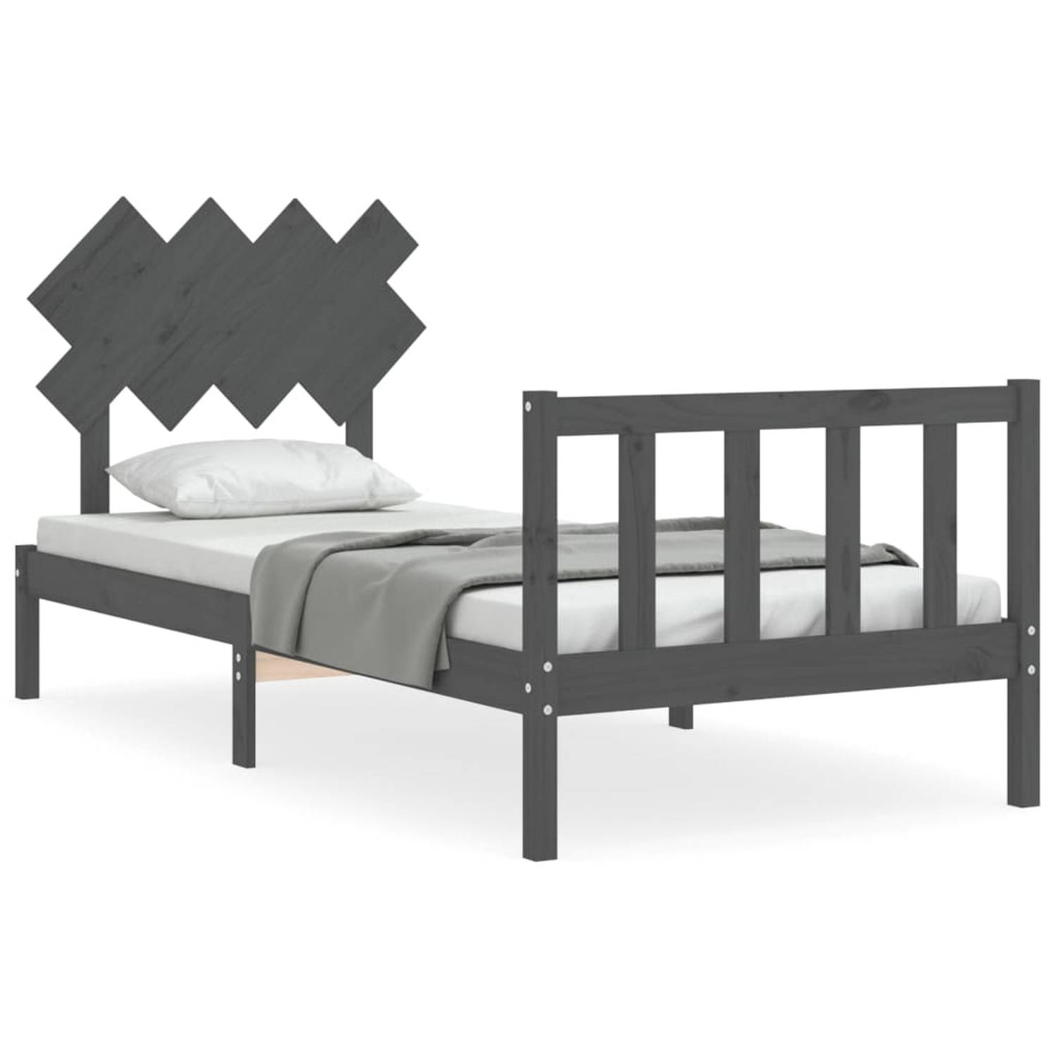 The Living Store Bedframe met hoofdbord massief hout grijs 90x200 cm - Bedframe - Bedframes - Bed - Eenpersoonsbed - Slaapkamermeubel - Houten Bedframe - Houten Bed - Bedbodem - Ma