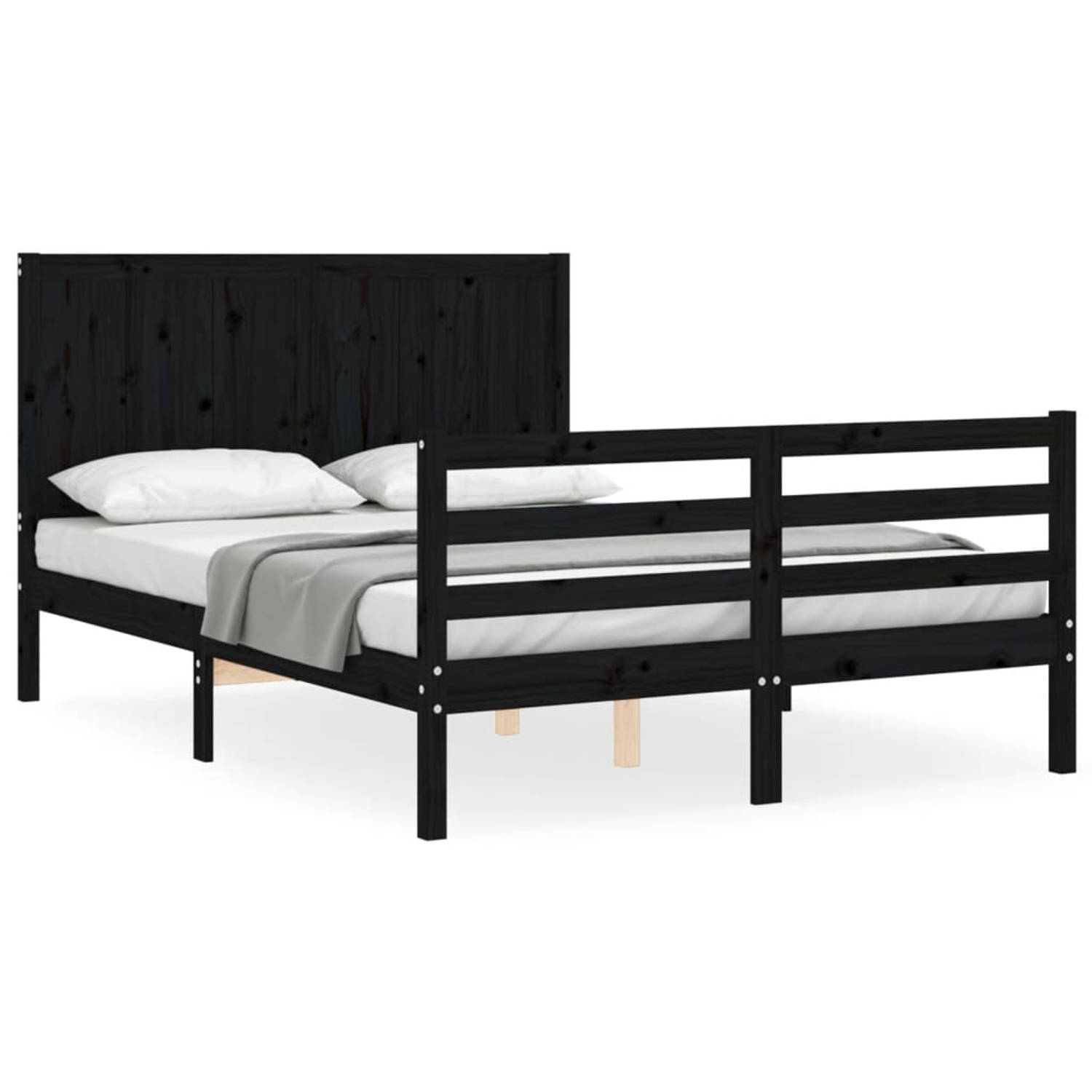 The Living Store Bedframe met hoofdbord massief hout zwart 140x190 cm - Bedframe - Bedframes - Bed - Tweepersoonsbed - Slaapkamermeubel - Houten Bedframe - Houten Bed - Bedbodem -