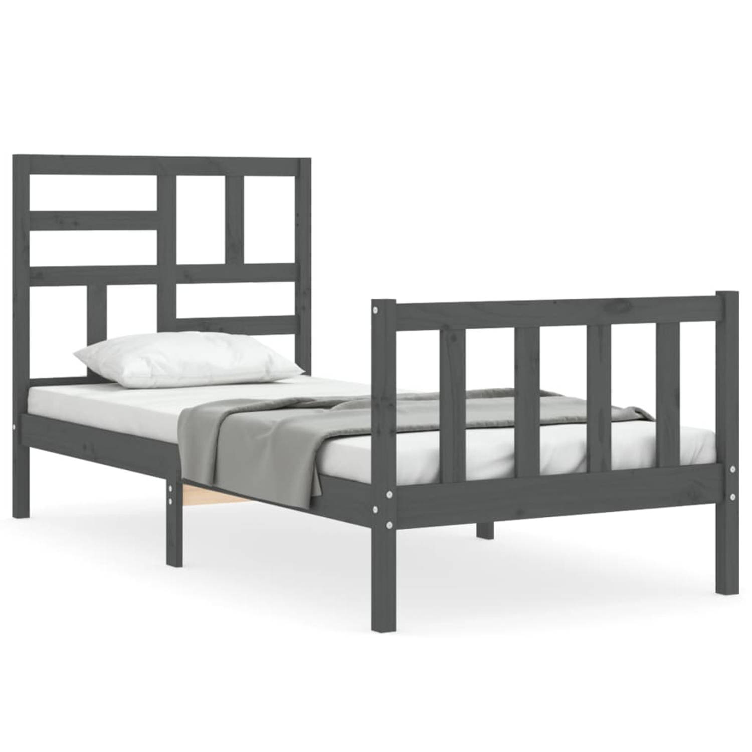 The Living Store Bedframe met hoofdbord massief hout grijs 90x200 cm - Bedframe - Bedframes - Bed - Eenpersoonsbed - Slaapkamermeubel - Houten Bedframe - Houten Bed - Bedbodem - Ma