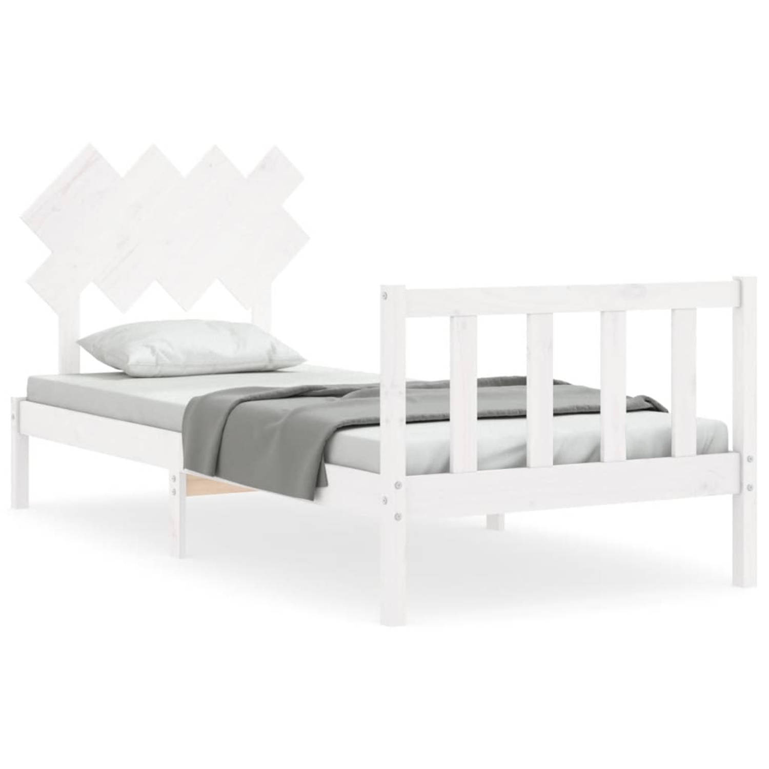 The Living Store Bedframe met hoofdbord massief hout wit 90x200 cm - Bedframe - Bedframes - Bed - Eenpersoonsbed - Slaapkamermeubel - Houten Bedframe - Houten Bed - Bedbodem - Mass