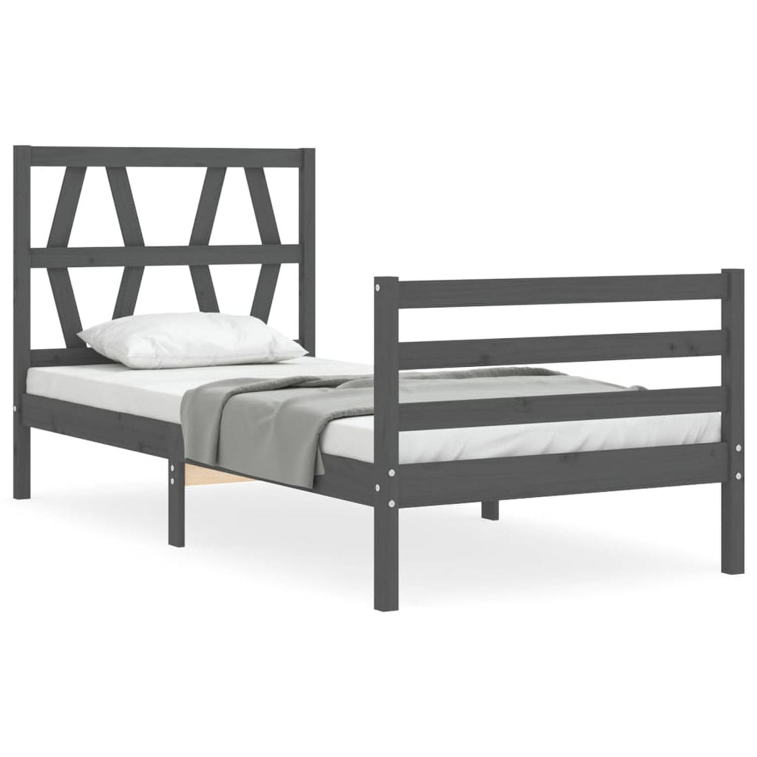 The Living Store Bedframe met hoofdbord massief hout grijs 90x200 cm - Bedframe - Bedframes - Bed - Eenpersoonsbed - Slaapkamermeubel - Houten Bedframe - Houten Bed - Bedbodem - Ma