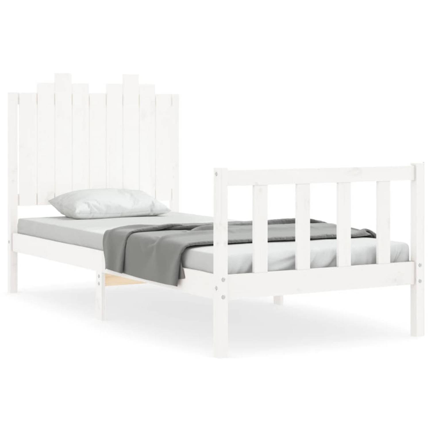 The Living Store Bedframe met hoofdbord massief hout wit 90x200 cm - Bedframe - Bedframes - Bed - Eenpersoonsbed - Slaapkamermeubel - Houten Bedframe - Houten Bed - Bedbodem - Mass