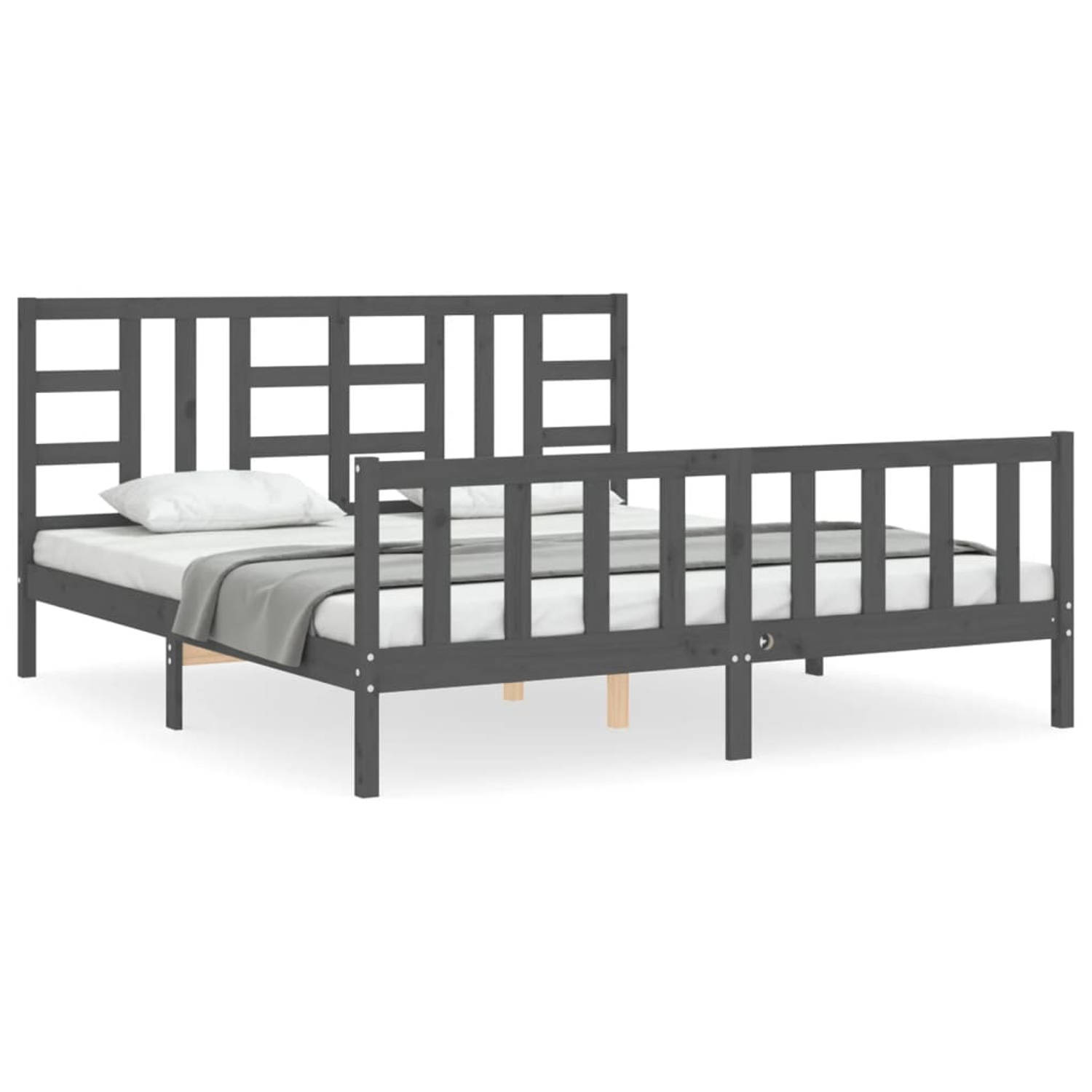 The Living Store Bedframe met hoofdbord massief hout grijs 180x200 cm - Bedframe - Bedframes - Bed - Tweepersoonsbed - Slaapkamermeubel - Houten Bedframe - Houten Bed - Bedbodem -