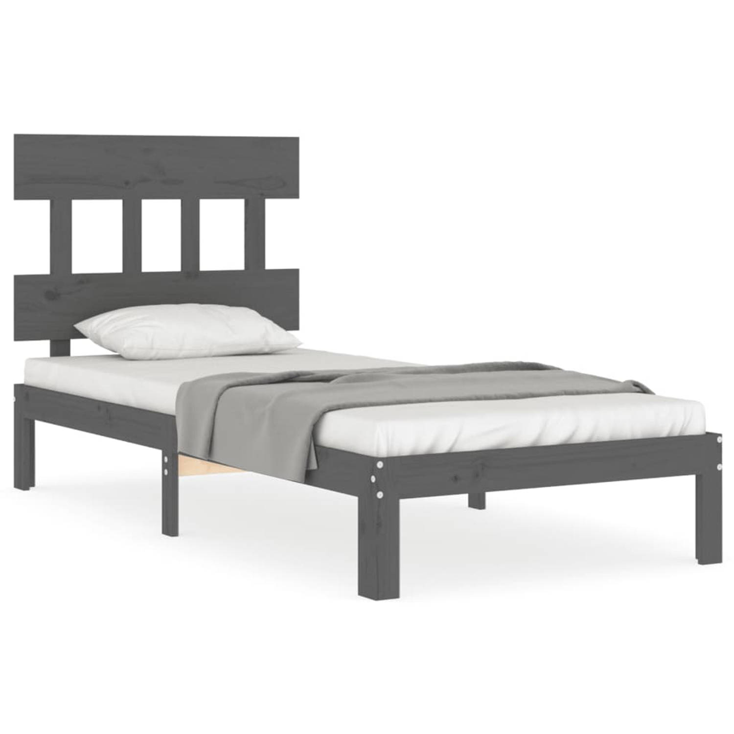 The Living Store Bedframe met hoofdbord massief hout grijs 90x200 cm - Bedframe - Bedframes - Bed - Eenpersoonsbed - Slaapkamermeubel - Houten Bedframe - Houten Bed - Bedbodem - Ma