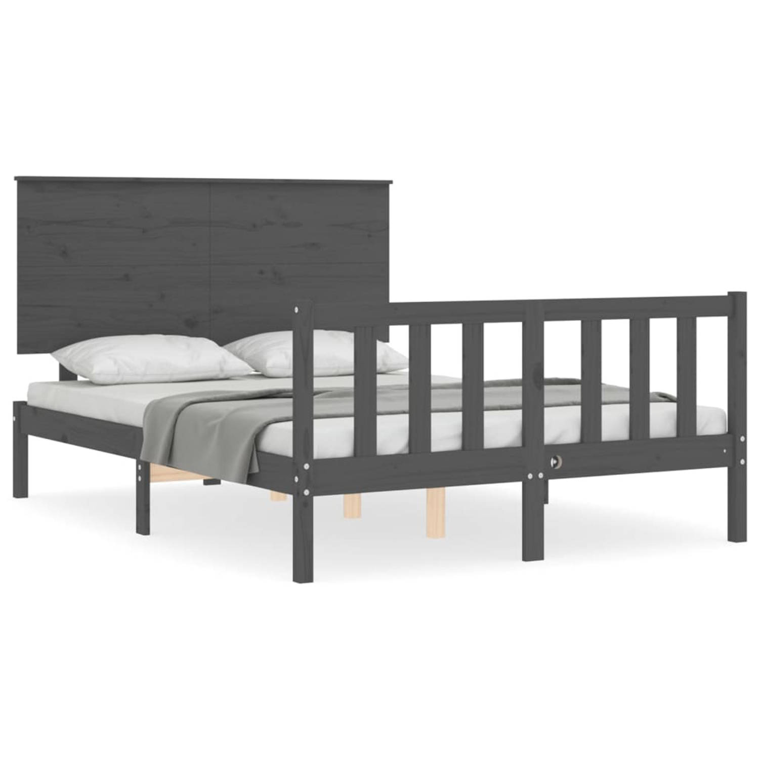 The Living Store Bedframe met hoofdbord massief hout grijs 140x190 cm - Bedframe - Bedframes - Bed - Tweepersoonsbed - Slaapkamermeubel - Houten Bedframe - Houten Bed - Bedbodem -