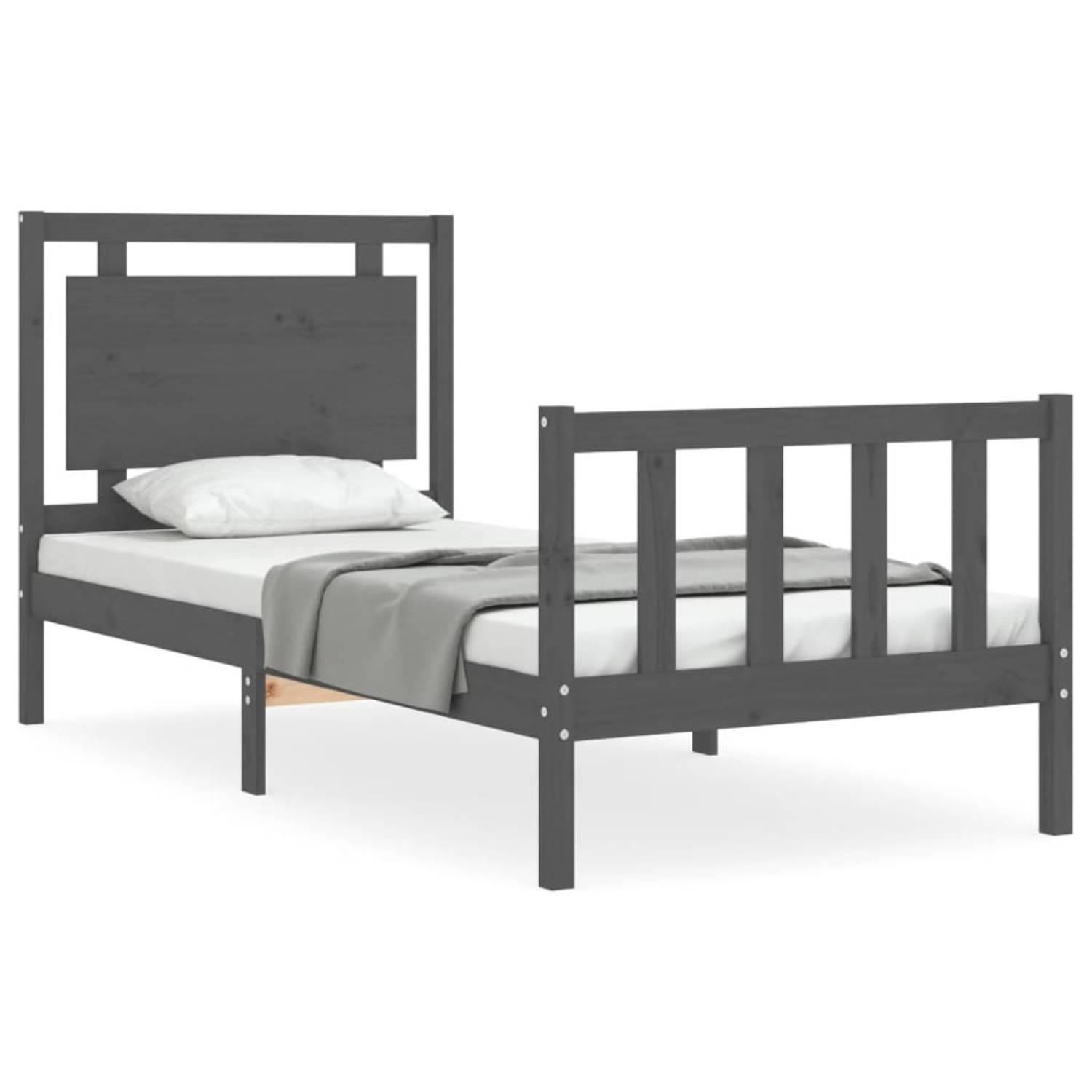 The Living Store Bedframe met hoofdbord massief hout grijs 90x200 cm - Bedframe - Bedframes - Bed - Eenpersoonsbed - Slaapkamermeubel - Houten Bedframe - Houten Bed - Bedbodem - Ma