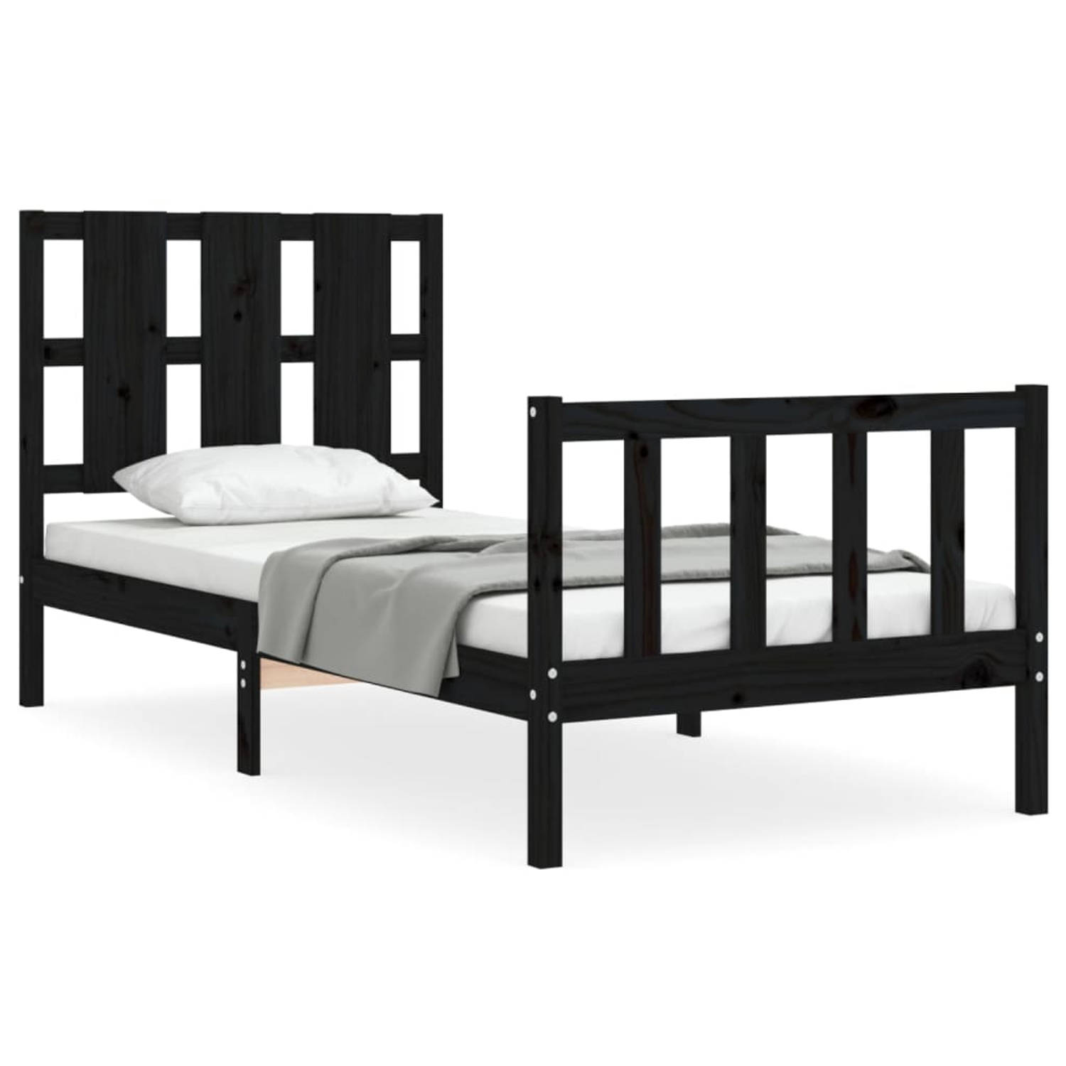 The Living Store Bedframe met hoofdbord massief hout zwart 90x200 cm - Bedframe - Bedframes - Bed - Eenpersoonsbed - Slaapkamermeubel - Houten Bedframe - Houten Bed - Bedbodem - Ma