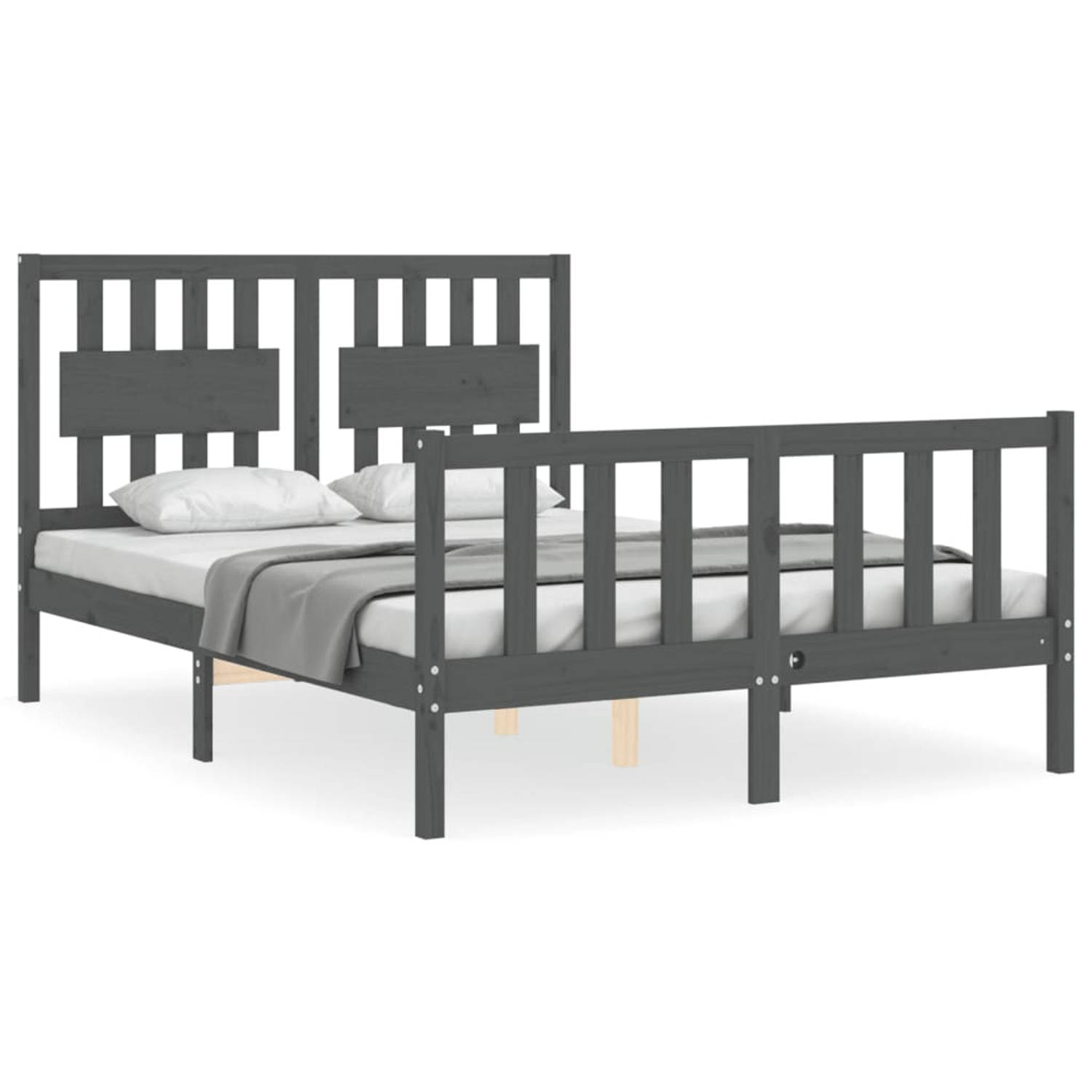 The Living Store Bedframe met hoofdbord massief hout grijs 140x190 cm - Bedframe - Bedframes - Bed - Tweepersoonsbed - Slaapkamermeubel - Houten Bedframe - Houten Bed - Bedbodem -