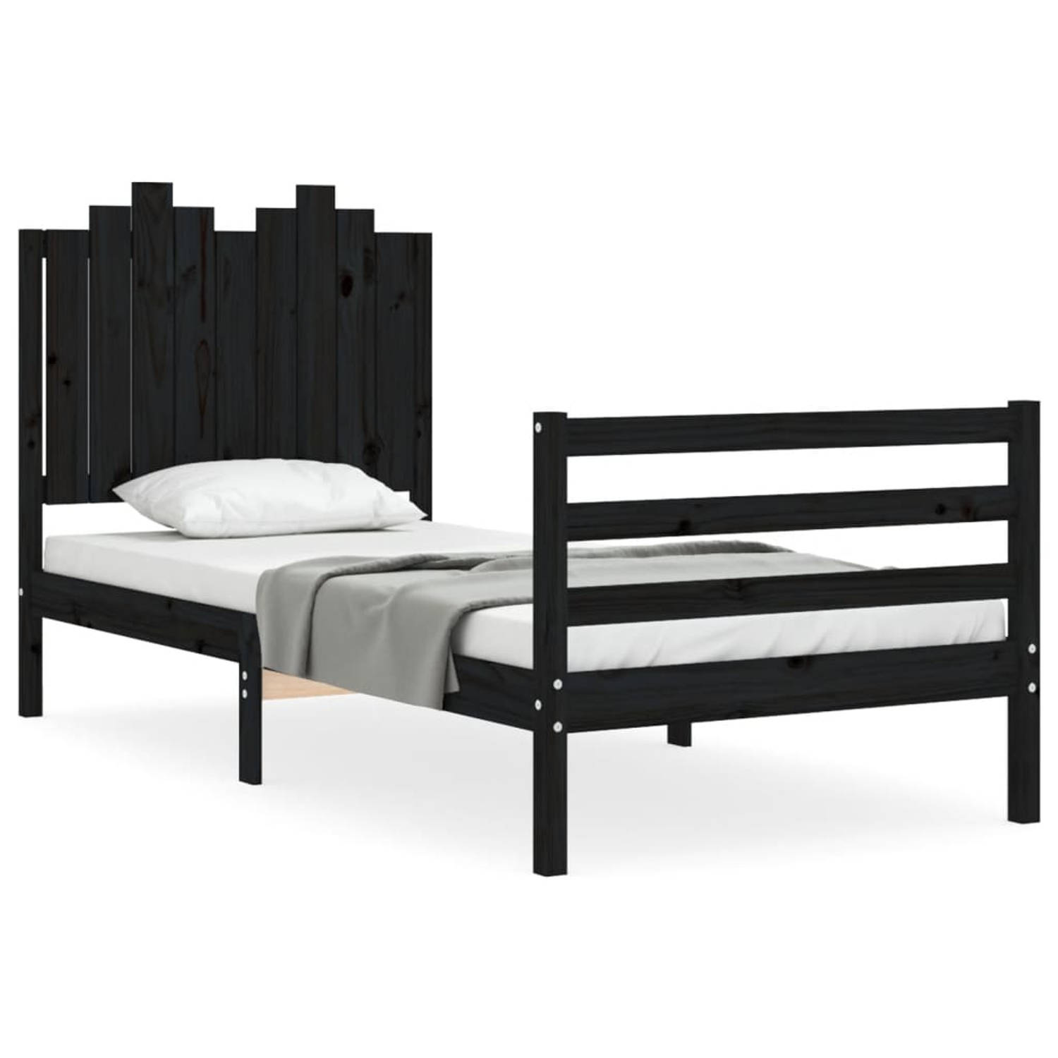 The Living Store Bedframe met hoofdbord massief hout zwart 90x200 cm - Bedframe - Bedframes - Bed - Eenpersoonsbed - Slaapkamermeubel - Houten Bedframe - Houten Bed - Bedbodem - Ma