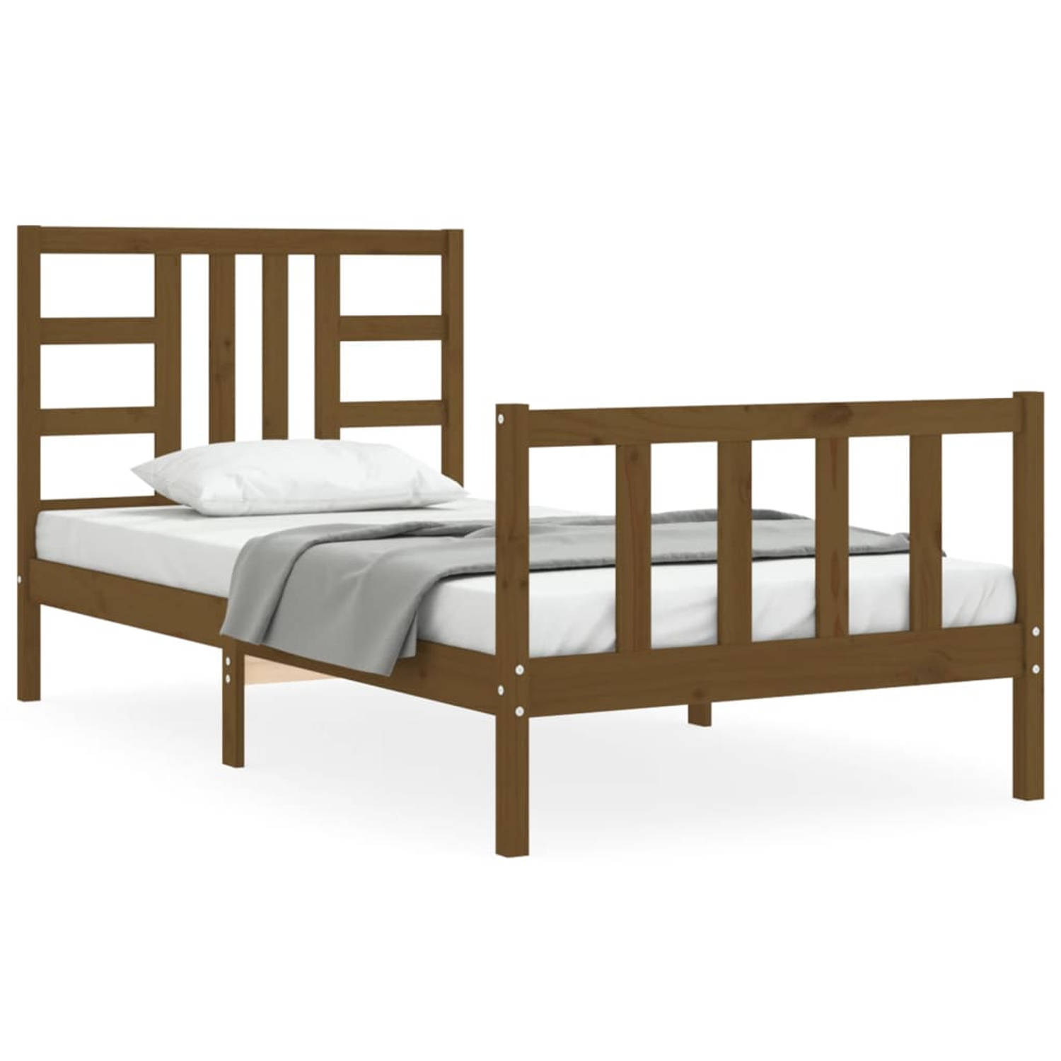The Living Store Bedframe met hoofdbord massief hout honingbruin 90x190 cm - Bedframe - Bedframes - Bed - Eenpersoonsbed - Slaapkamermeubel - Houten Bedframe - Houten Bed - Bedbode