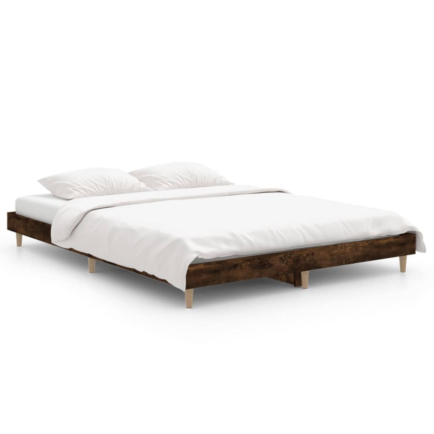 The Living Store Bedframe bewerkt hout gerookt eikenkleurig 140x190 cm - Bed