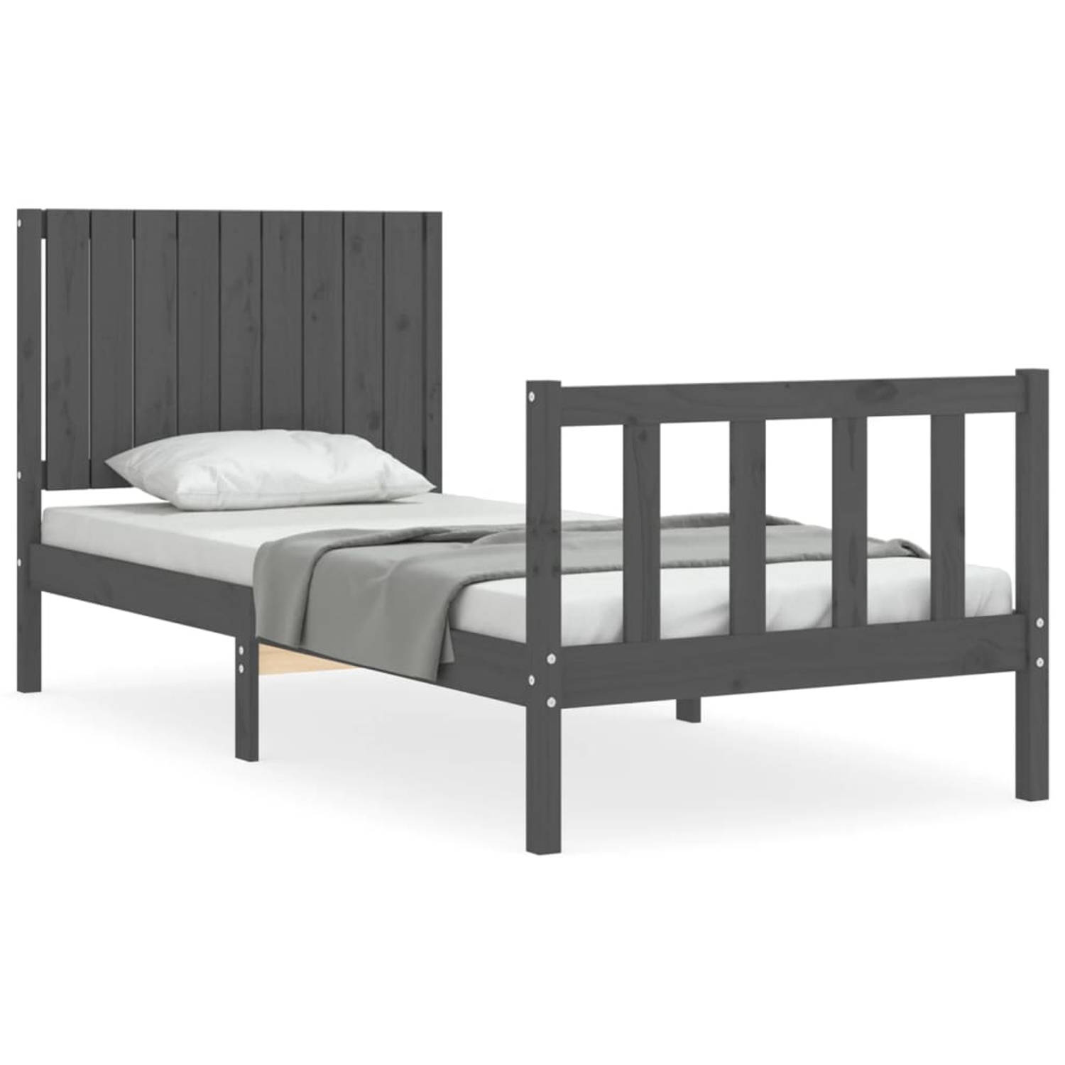 The Living Store Bedframe met hoofdbord massief hout grijs 90x200 cm - Bedframe - Bedframes - Bed - Eenpersoonsbed - Slaapkamermeubel - Houten Bedframe - Houten Bed - Bedbodem - Ma