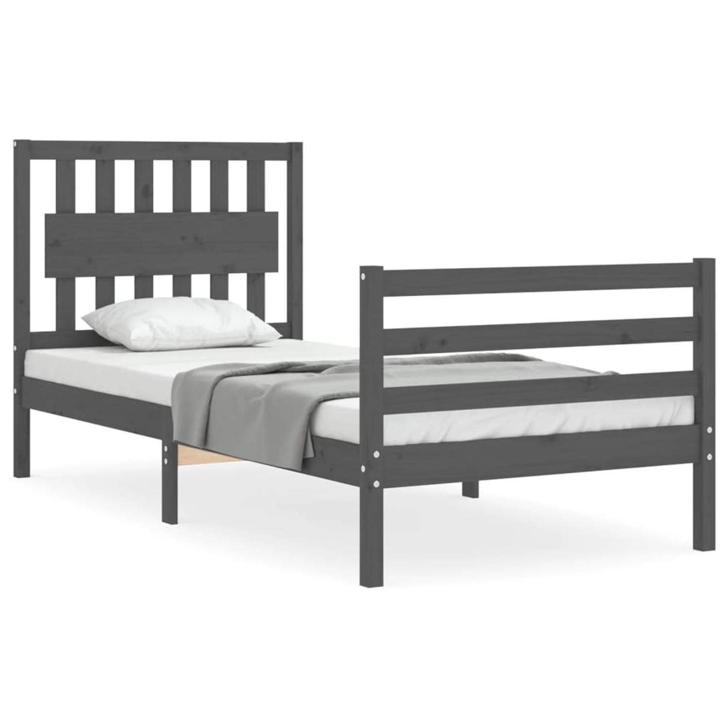 The Living Store Bedframe met hoofdbord massief hout grijs 90x200 cm - Bedframe - Bedframes - Bed - Eenpersoonsbed - Slaapkamermeubel - Houten Bedframe - Houten Bed - Bedbodem - Ma