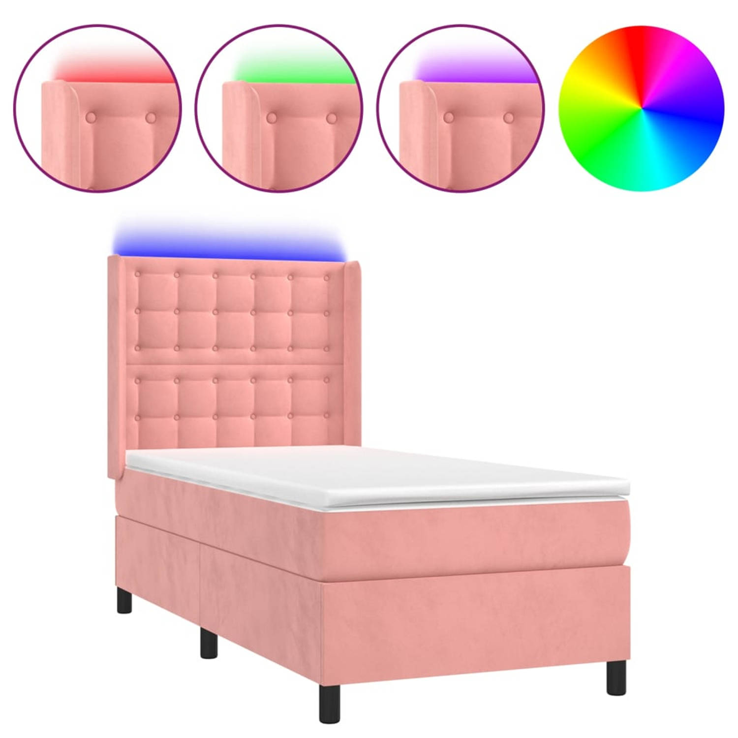 The Living Store Boxspring met matras en LED fluweel roze 90x190 cm - Bed