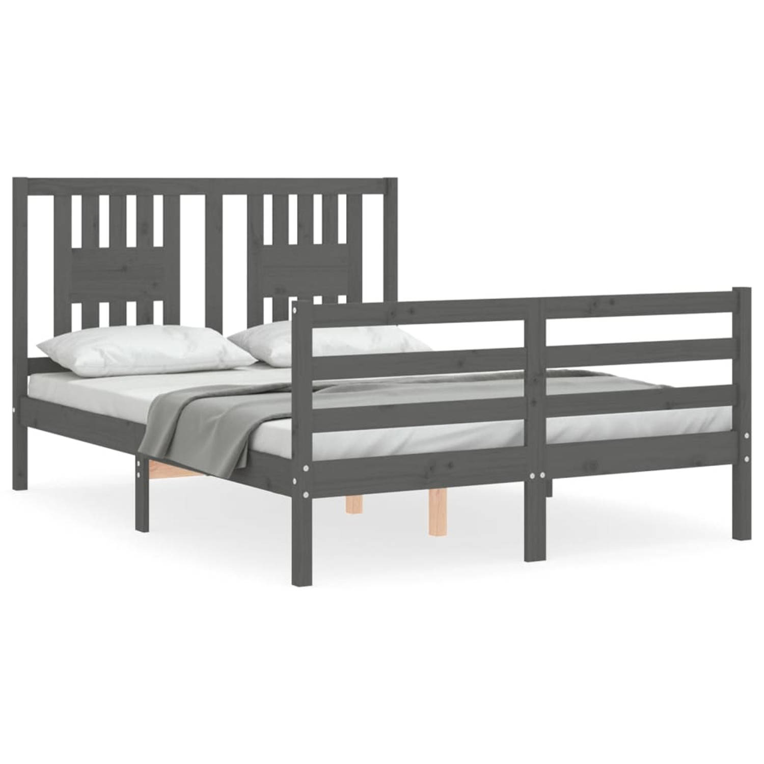 The Living Store Bedframe met hoofdbord massief hout grijs 140x190 cm - Bedframe - Bedframes - Bed - Tweepersoonsbed - Slaapkamermeubel - Houten Bedframe - Houten Bed - Bedbodem -