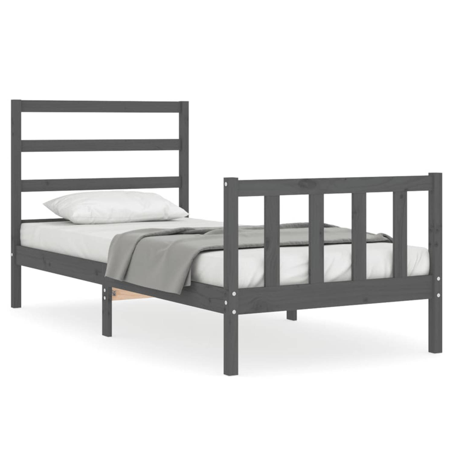 The Living Store Bedframe met hoofdeinde massief hout grijs 90x190 cm - Bedframe - Bedframes - Bed - Eenpersoonsbed - Slaapkamermeubel - Houten Bedframe - Houten Bed - Bedbodem - M