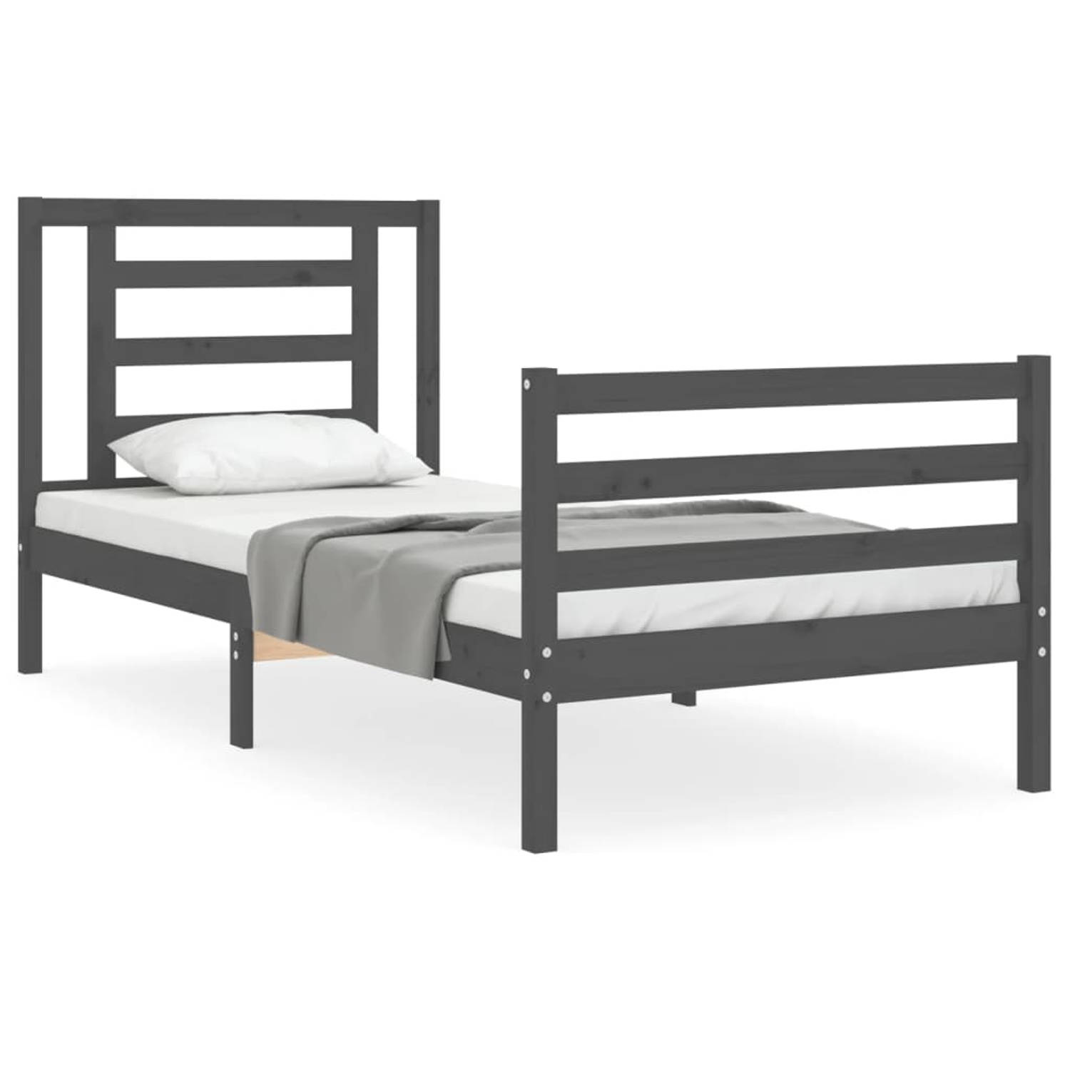 The Living Store Bedframe met hoofdbord massief hout grijs 90x200 cm - Bedframe - Bedframes - Bed - Eenpersoonsbed - Slaapkamermeubel - Houten Bedframe - Houten Bed - Bedbodem - Ma