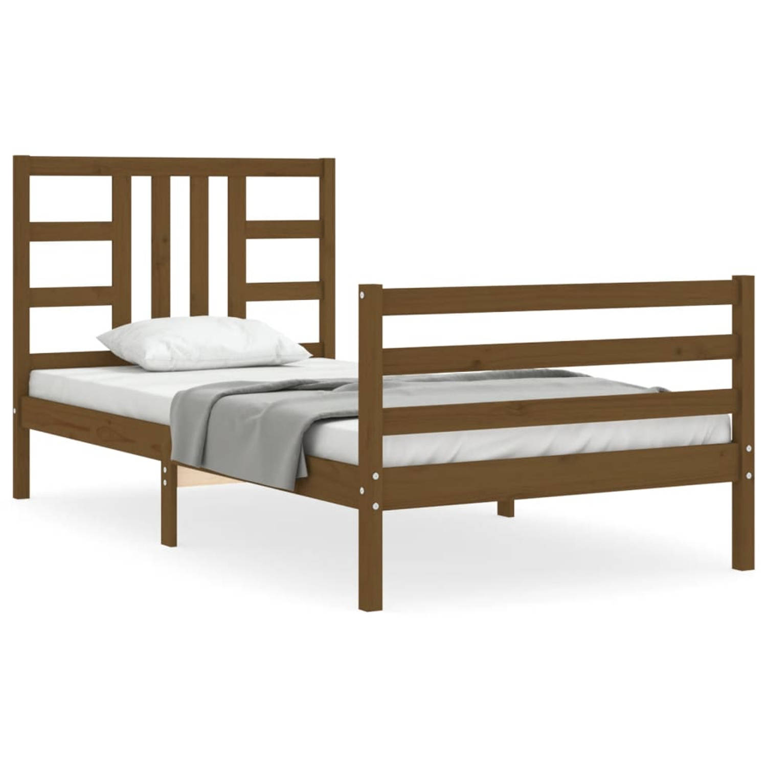 The Living Store Bedframe met hoofdbord massief hout honingbruin 90x200 cm - Bedframe - Bedframes - Bed - Eenpersoonsbed - Slaapkamermeubel - Houten Bedframe - Houten Bed - Bedbode