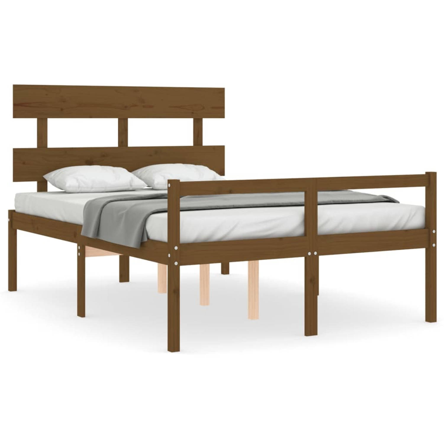 The Living Store Bedframe met hoofdbord massief hout honingbruin 140x190 cm - Bedframe - Bedframes - Bed - Tweepersoonsbed - Slaapkamermeubel - Houten Bedframe - Houten Bed - Bedbo