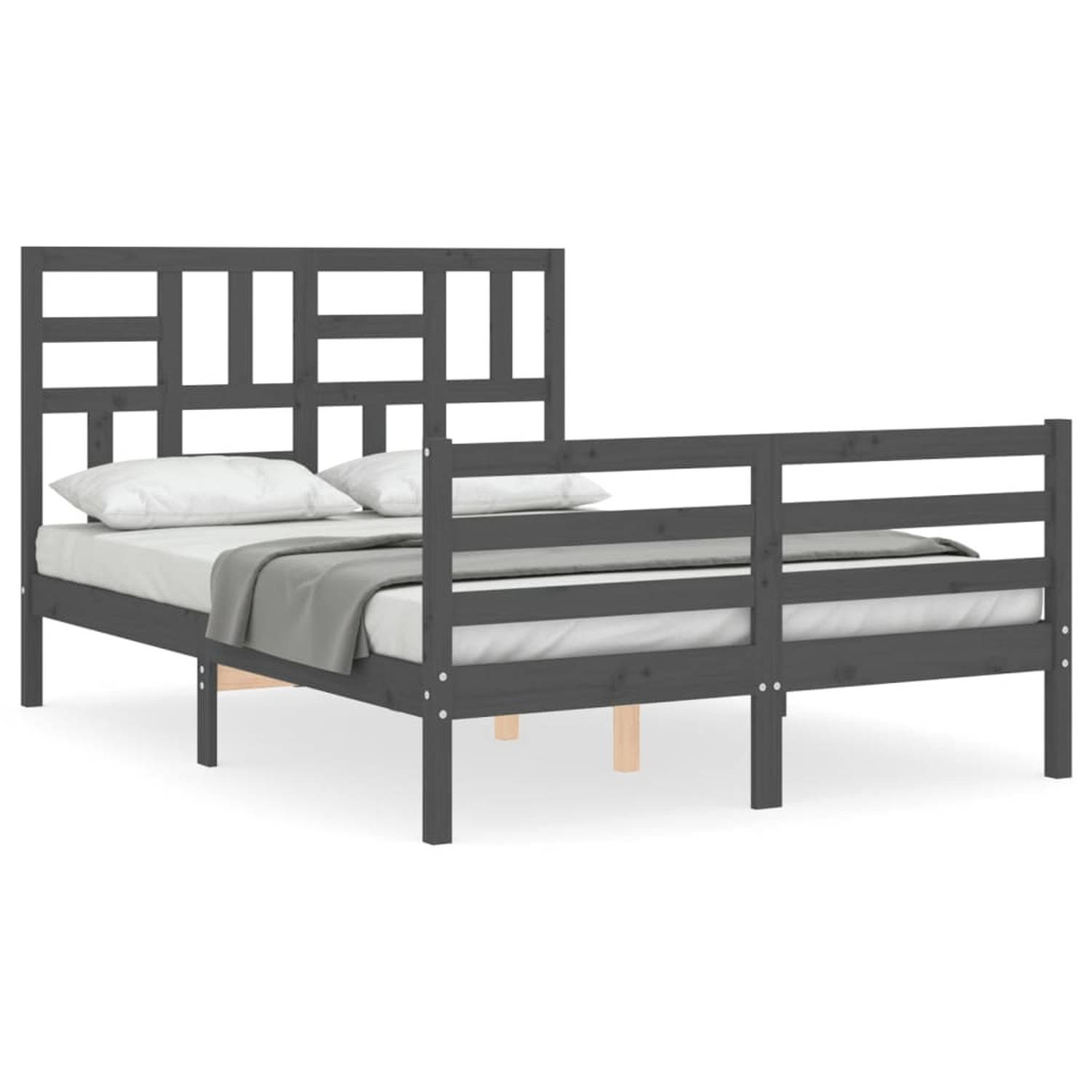 The Living Store Bedframe met hoofdbord massief hout grijs 140x190 cm - Bedframe - Bedframes - Bed - Tweepersoonsbed - Slaapkamermeubel - Houten Bedframe - Houten Bed - Bedbodem -