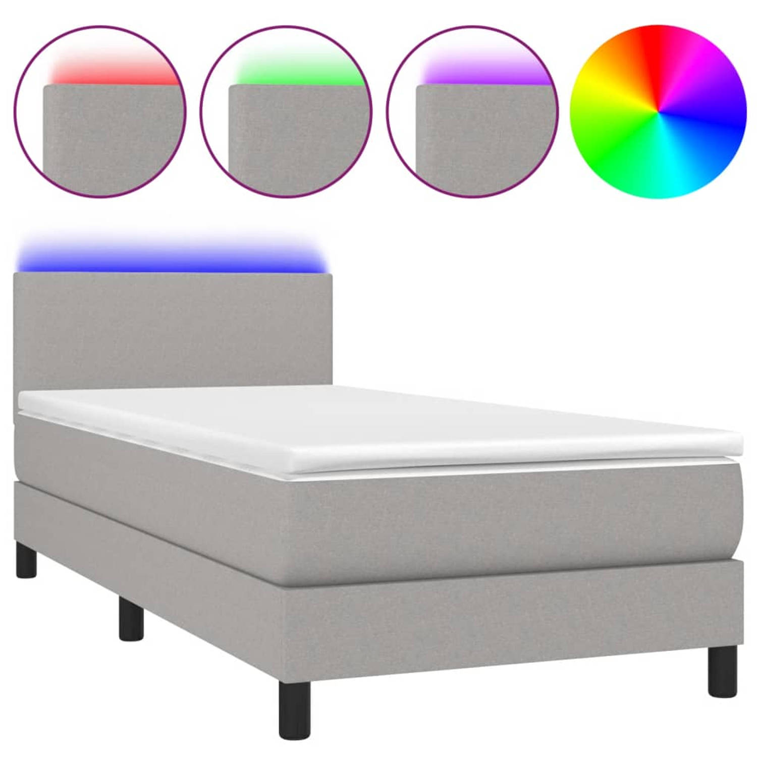 The Living Store Boxspring met matras en LED stof lichtgrijs 90x200 cm - Bed