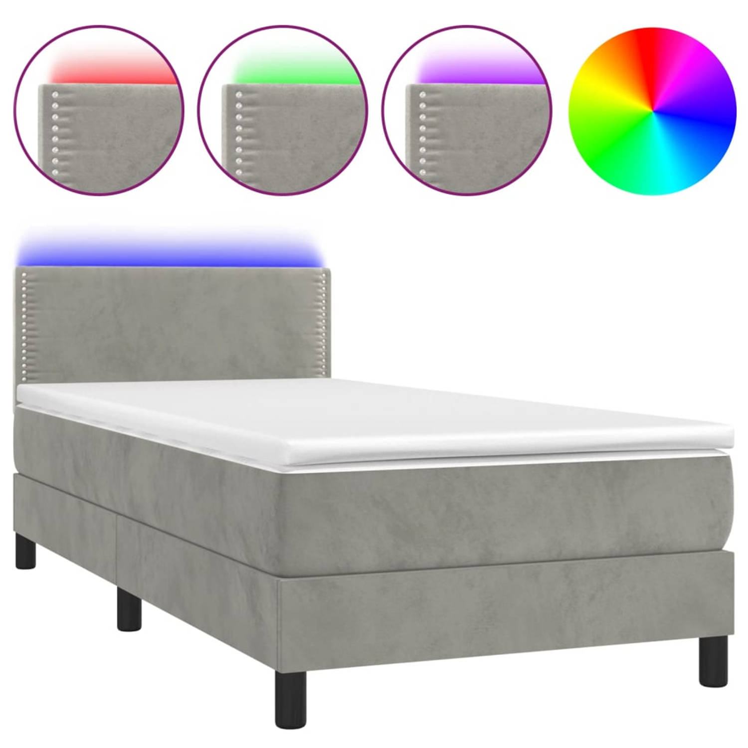 The Living Store Boxspring met matras en LED fluweel lichtgrijs 90x200 cm - Bed