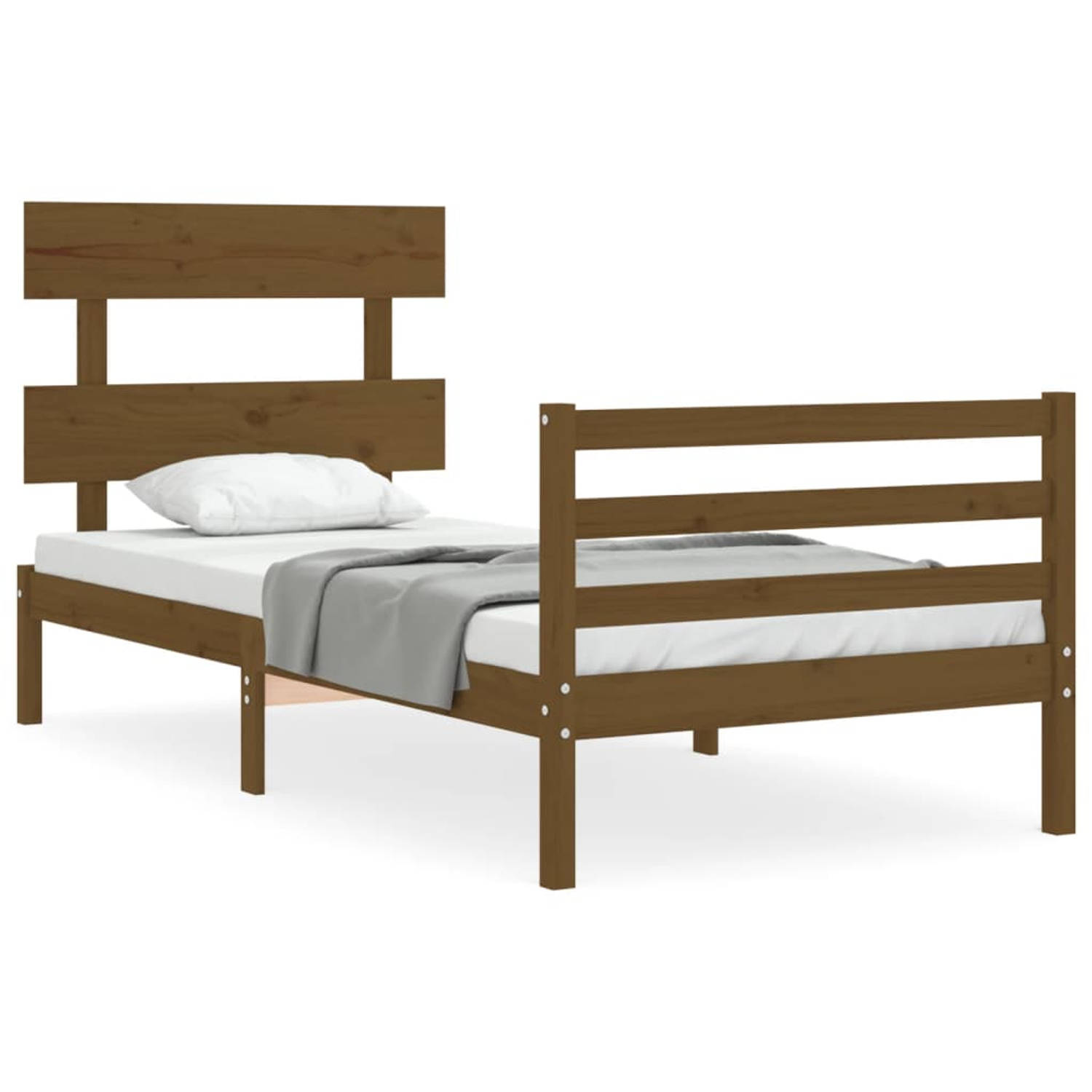 The Living Store Bedframe met hoofdbord massief hout honingbruin 90x200 cm - Bedframe - Bedframes - Bed - Eenpersoonsbed - Slaapkamermeubel - Houten Bedframe - Houten Bed - Bedbode