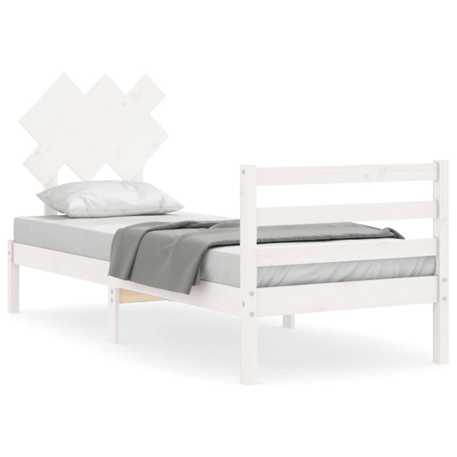 The Living Store Bedframe met hoofdbord massief hout wit 90x200 cm - Bedframe - Bedframes - Bed - Eenpersoonsbed - Slaapkamermeubel - Houten Bedframe - Houten Bed - Bedbodem - Mass