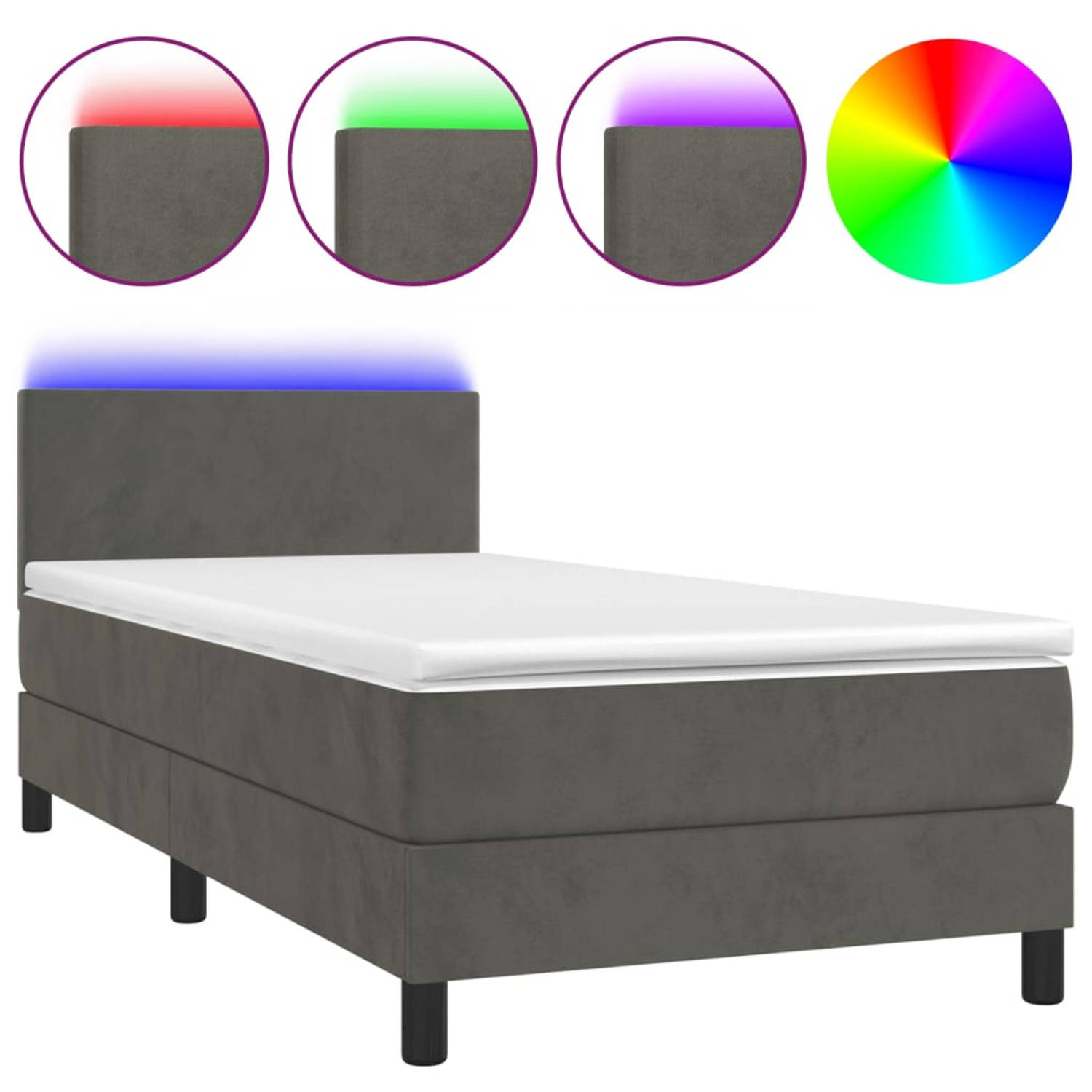 The Living Store Boxspring met matras en LED fluweel donkergrijs 90x190 cm - Bed