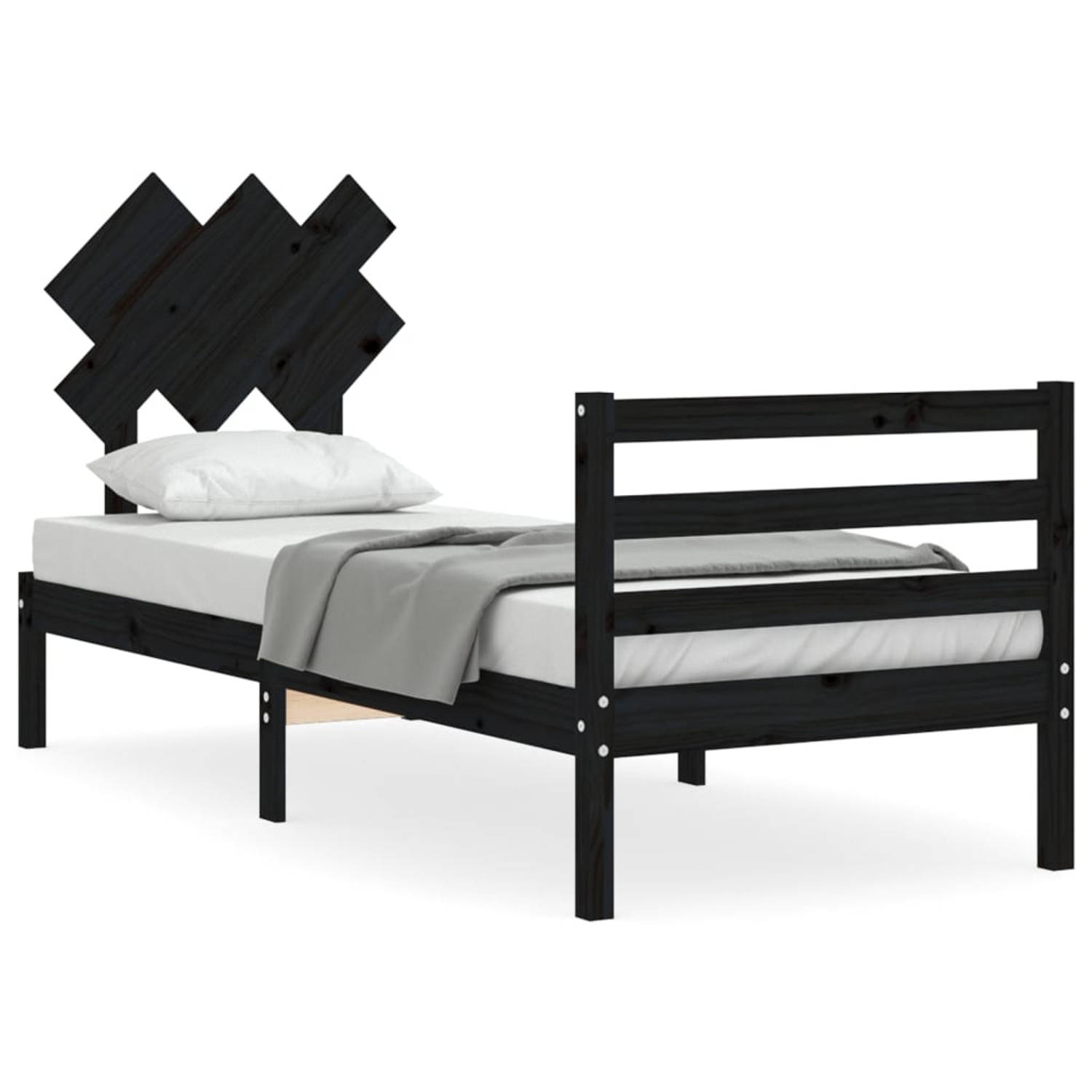 The Living Store Bedframe met hoofdbord massief hout zwart 90x200 cm - Bedframe - Bedframes - Bed - Eenpersoonsbed - Slaapkamermeubel - Houten Bedframe - Houten Bed - Bedbodem - Ma
