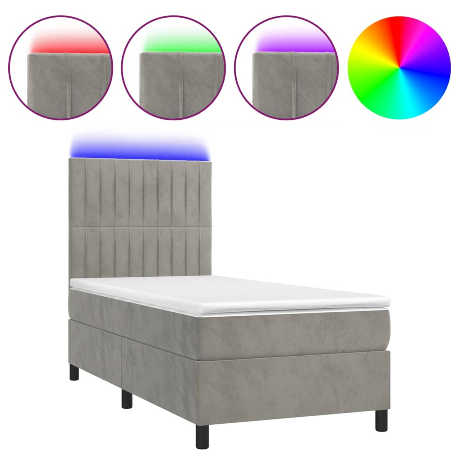 The Living Store Boxspring met matras en LED fluweel lichtgrijs 100x200 cm - Bed