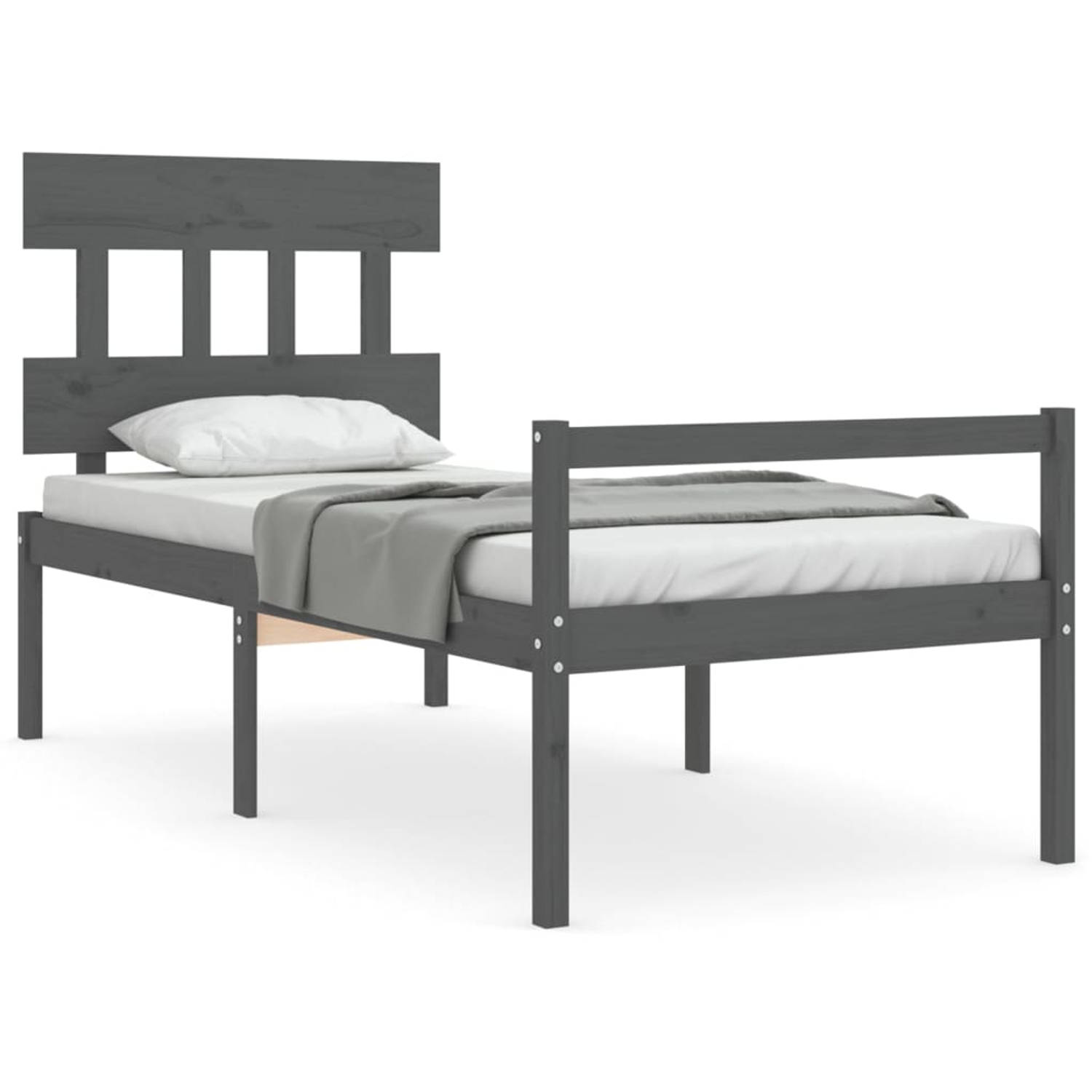 The Living Store Bedframe met hoofdbord massief hout grijs 90x200 cm - Bedframe - Bedframes - Bed - Eenpersoonsbed - Slaapkamermeubel - Houten Bedframe - Houten Bed - Bedbodem - Ma