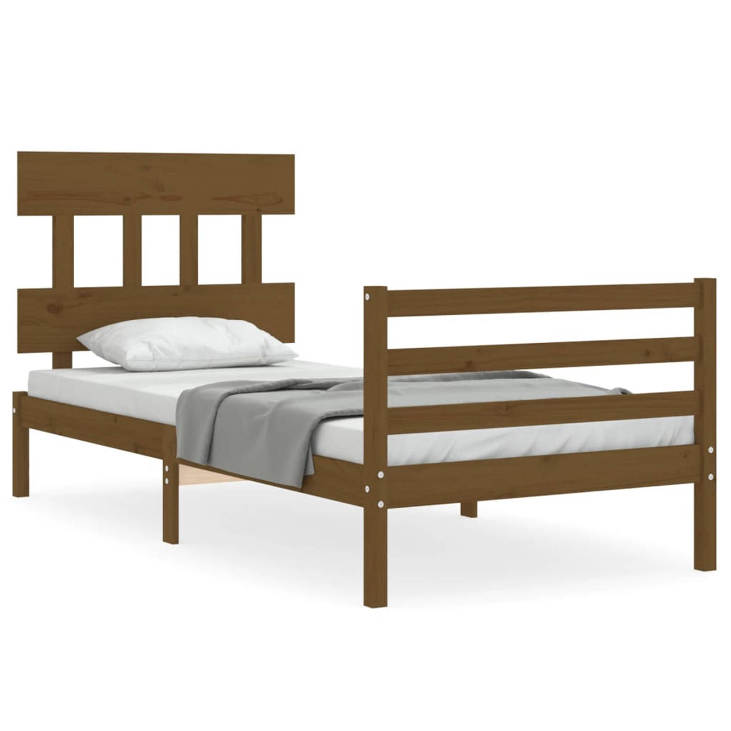 The Living Store Bedframe met hoofdbord massief hout honingbruin 90x200 cm - Bedframe - Bedframes - Bed - Eenpersoonsbed - Slaapkamermeubel - Houten Bedframe - Houten Bed - Bedbode