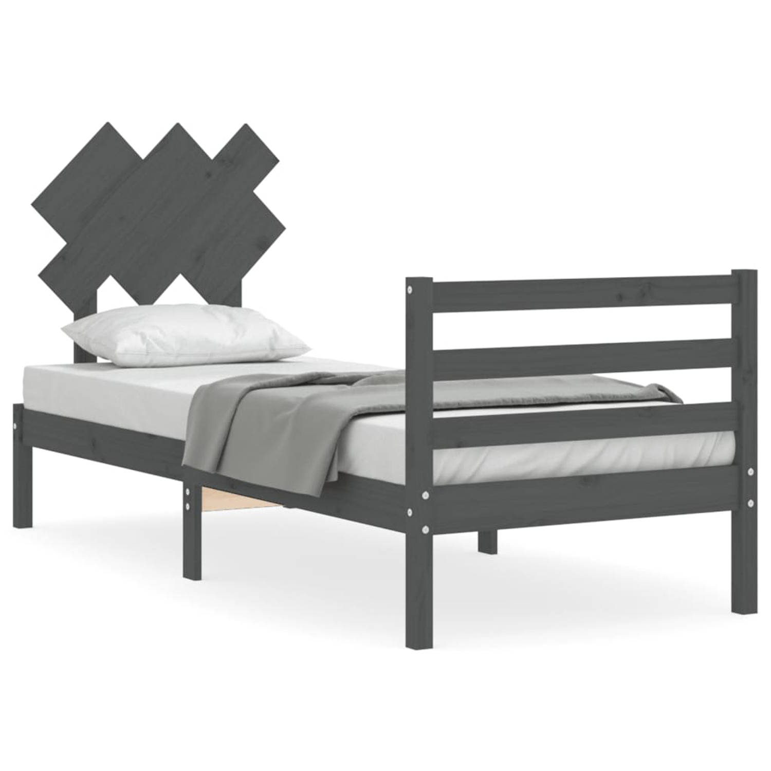 The Living Store Bedframe met hoofdbord massief hout grijs 90x200 cm - Bedframe - Bedframes - Bed - Eenpersoonsbed - Slaapkamermeubel - Houten Bedframe - Houten Bed - Bedbodem - Ma