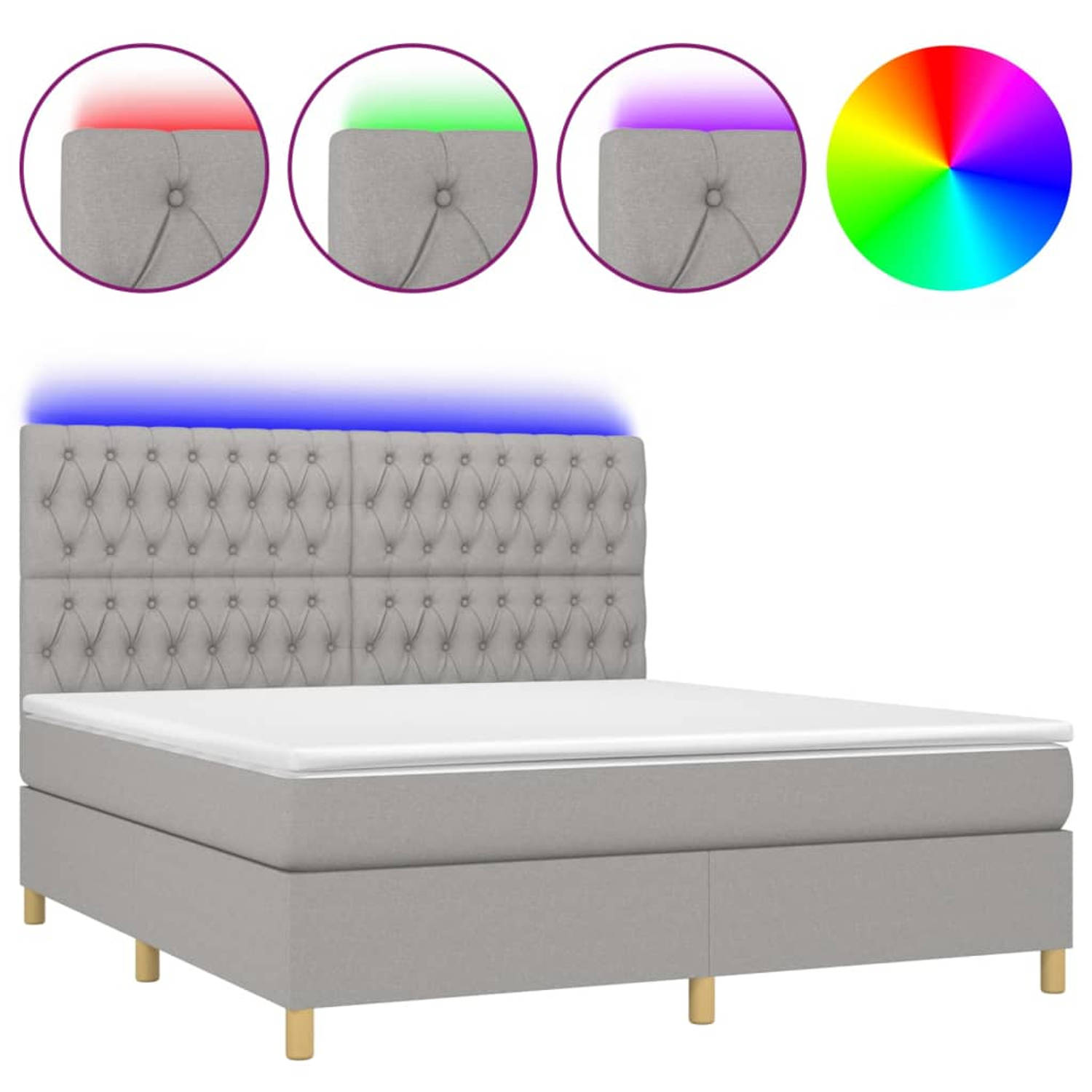 The Living Store Boxspring Bed - LED - Lichtgrijs - Pocketvering Matras - 180 x 200 cm