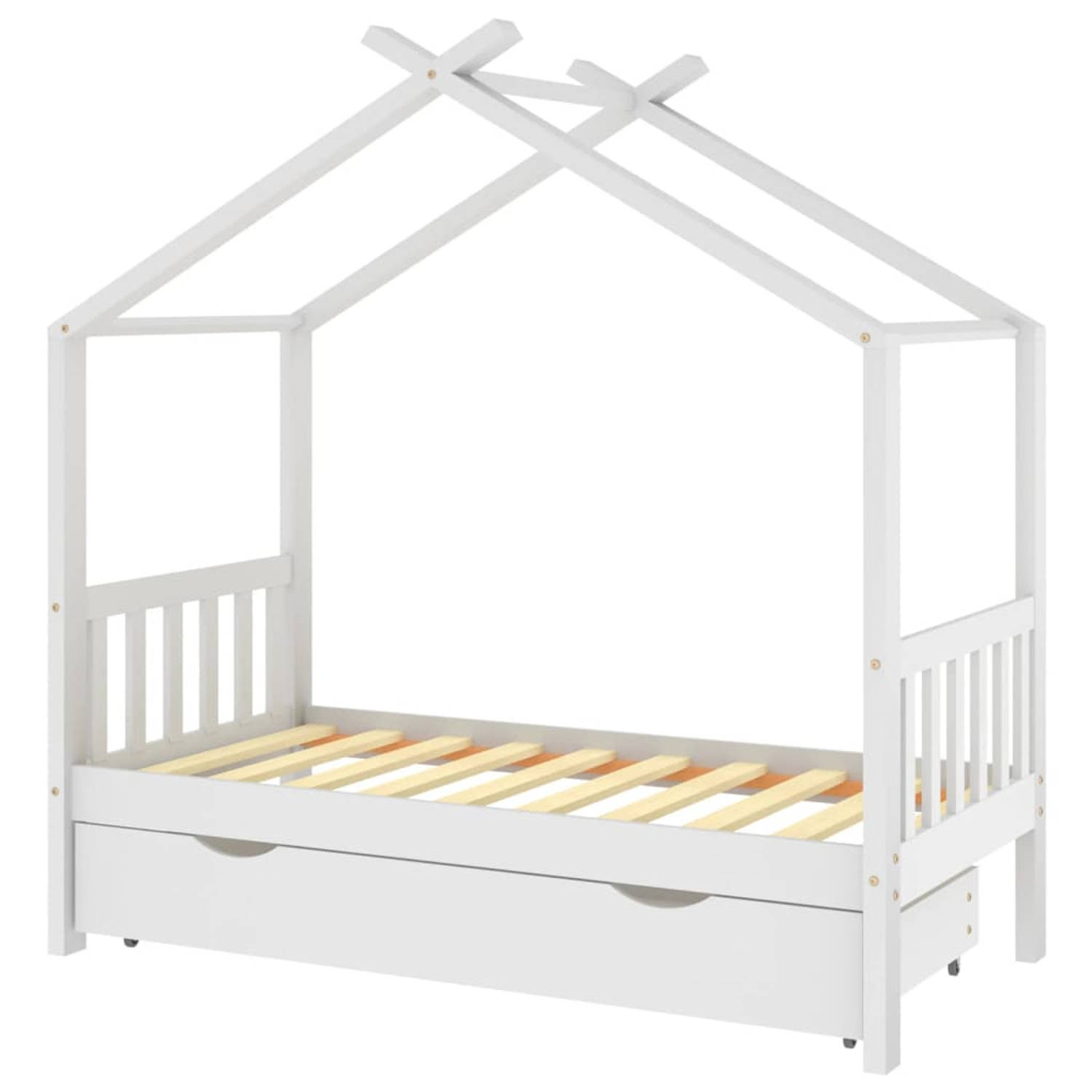 The Living Store Kinderbedframe met lade massief grenenhout wit 80x160 cm - Bed