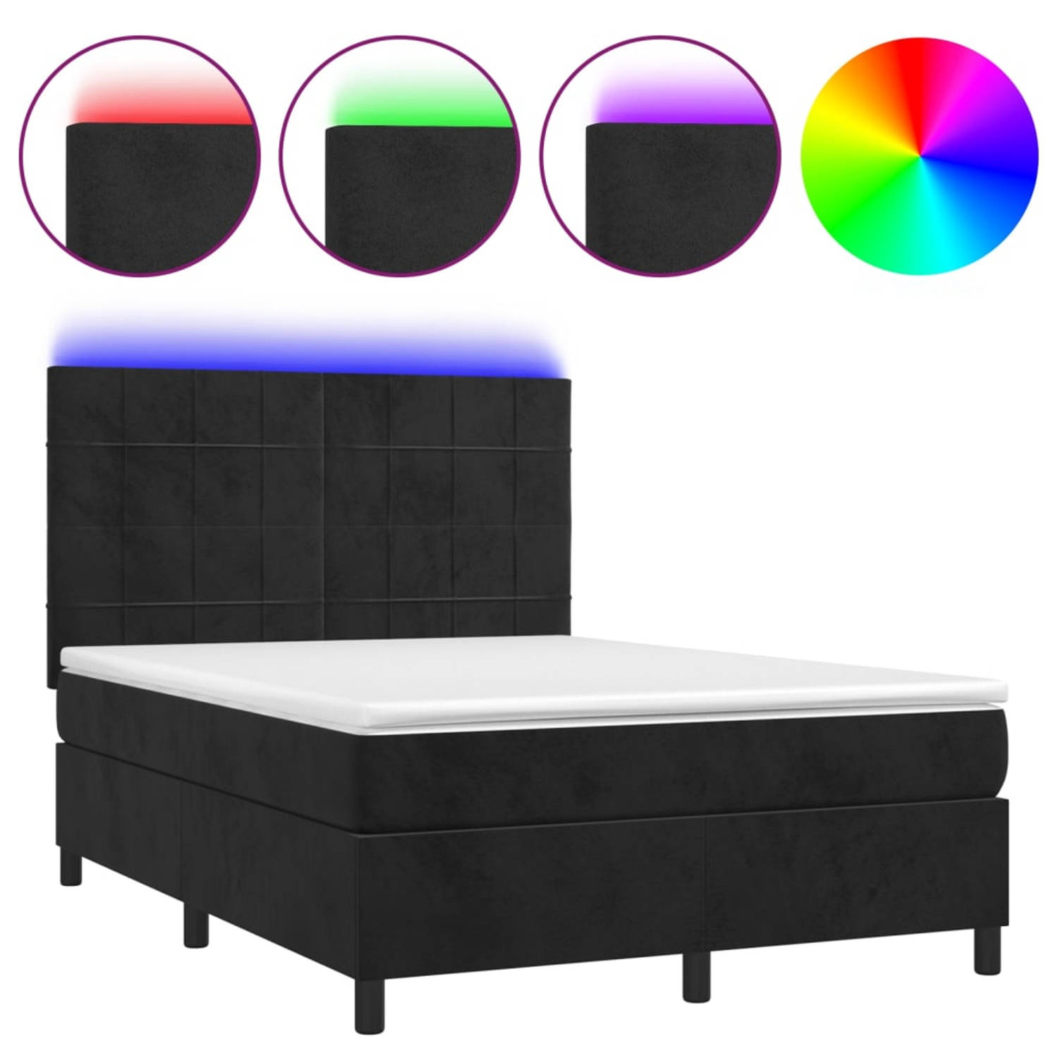 The Living Store Boxspring met matras en LED fluweel zwart 140x190 cm - Bed